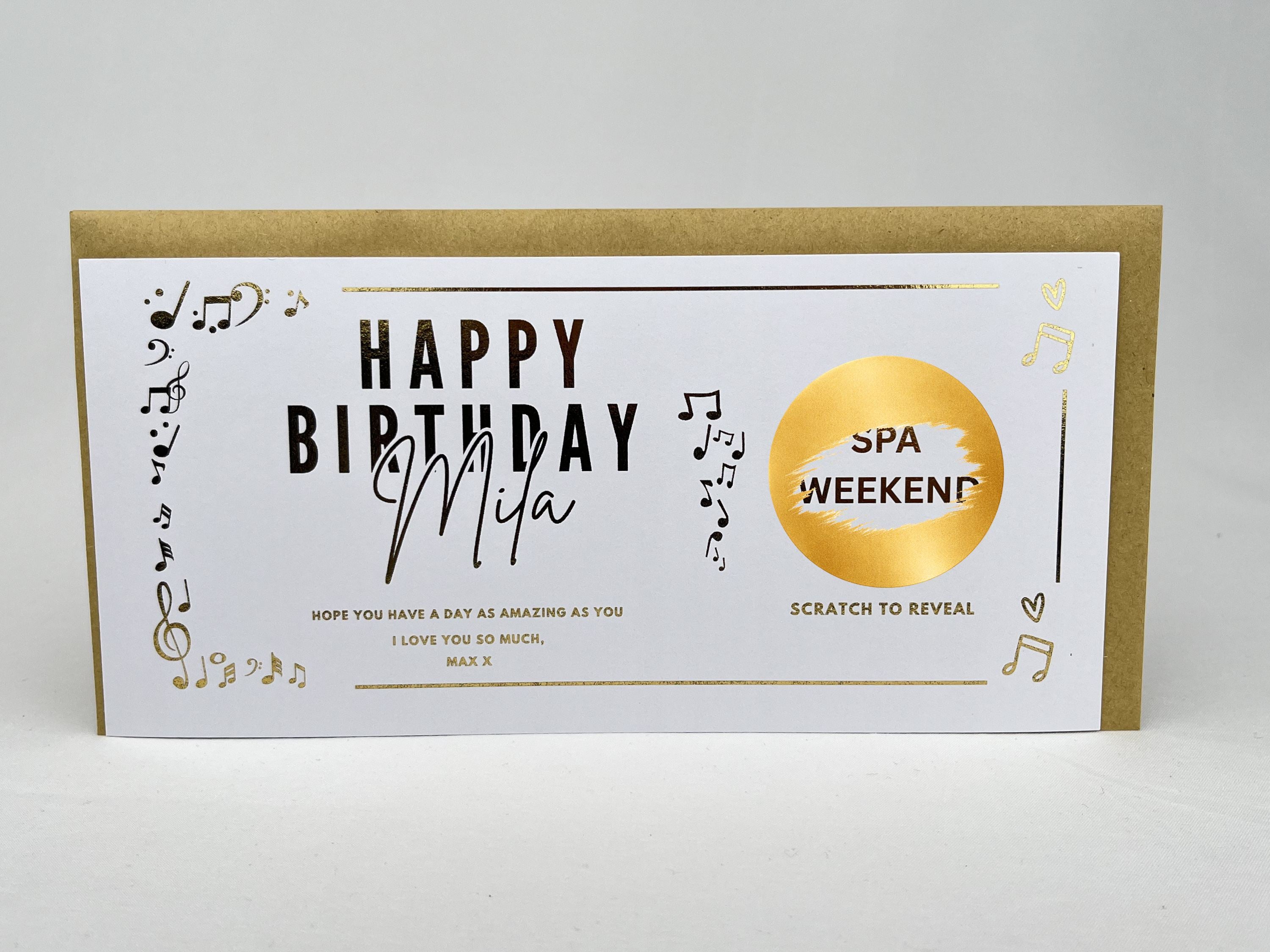 Personalised Gold Musical Notes Birthday Scratch Reveal Ticket