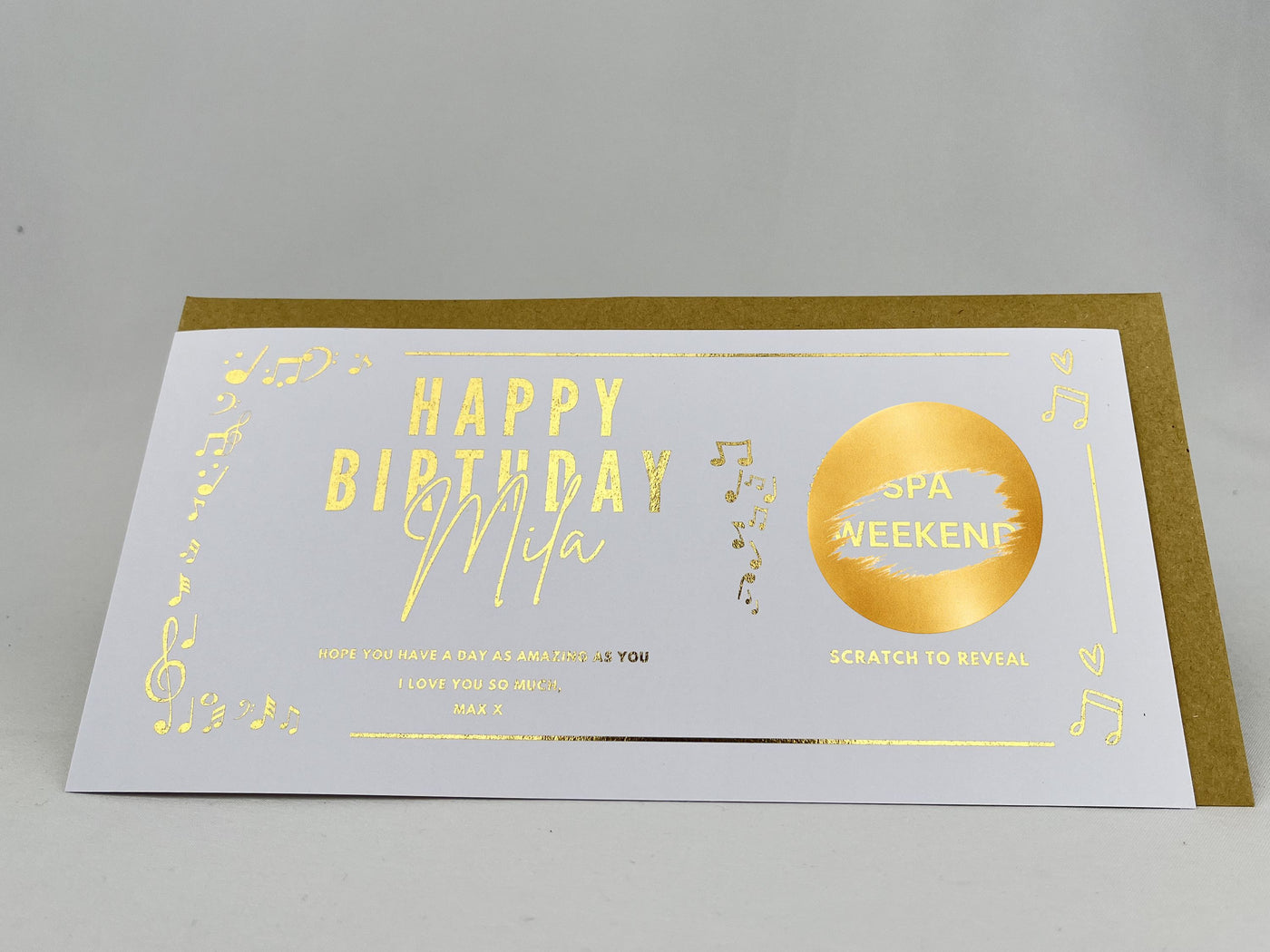 Personalised Gold Musical Notes Birthday Scratch Reveal Ticket