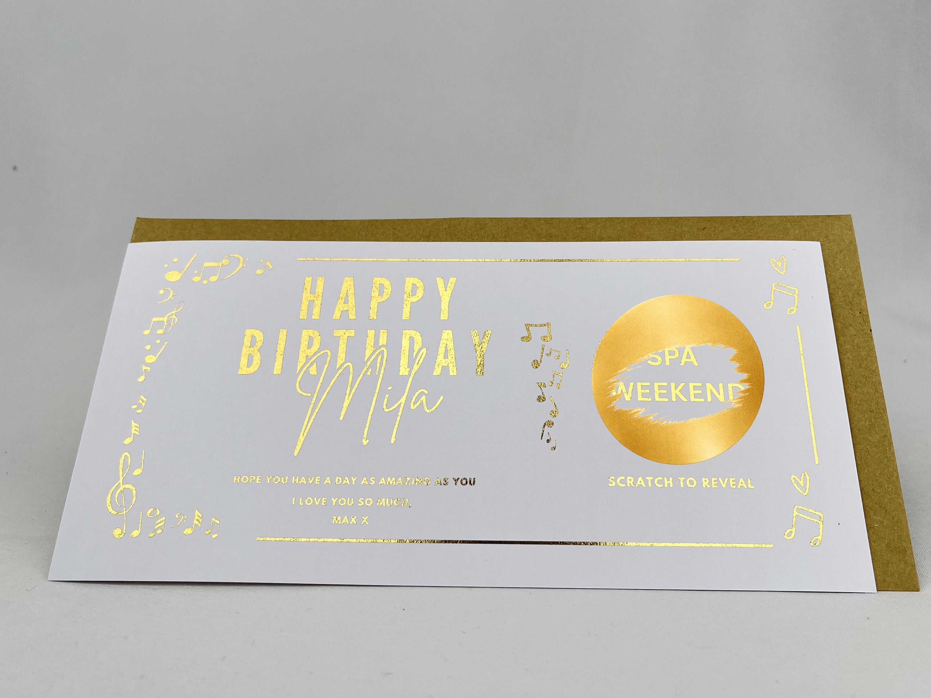 Personalised Gold Musical Notes Birthday Scratch Reveal Ticket