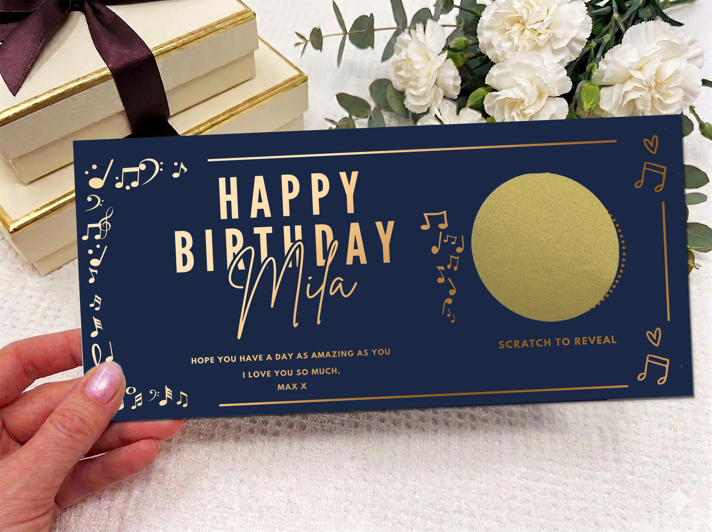 Personalised Gold Musical Notes Birthday Scratch Reveal Ticket