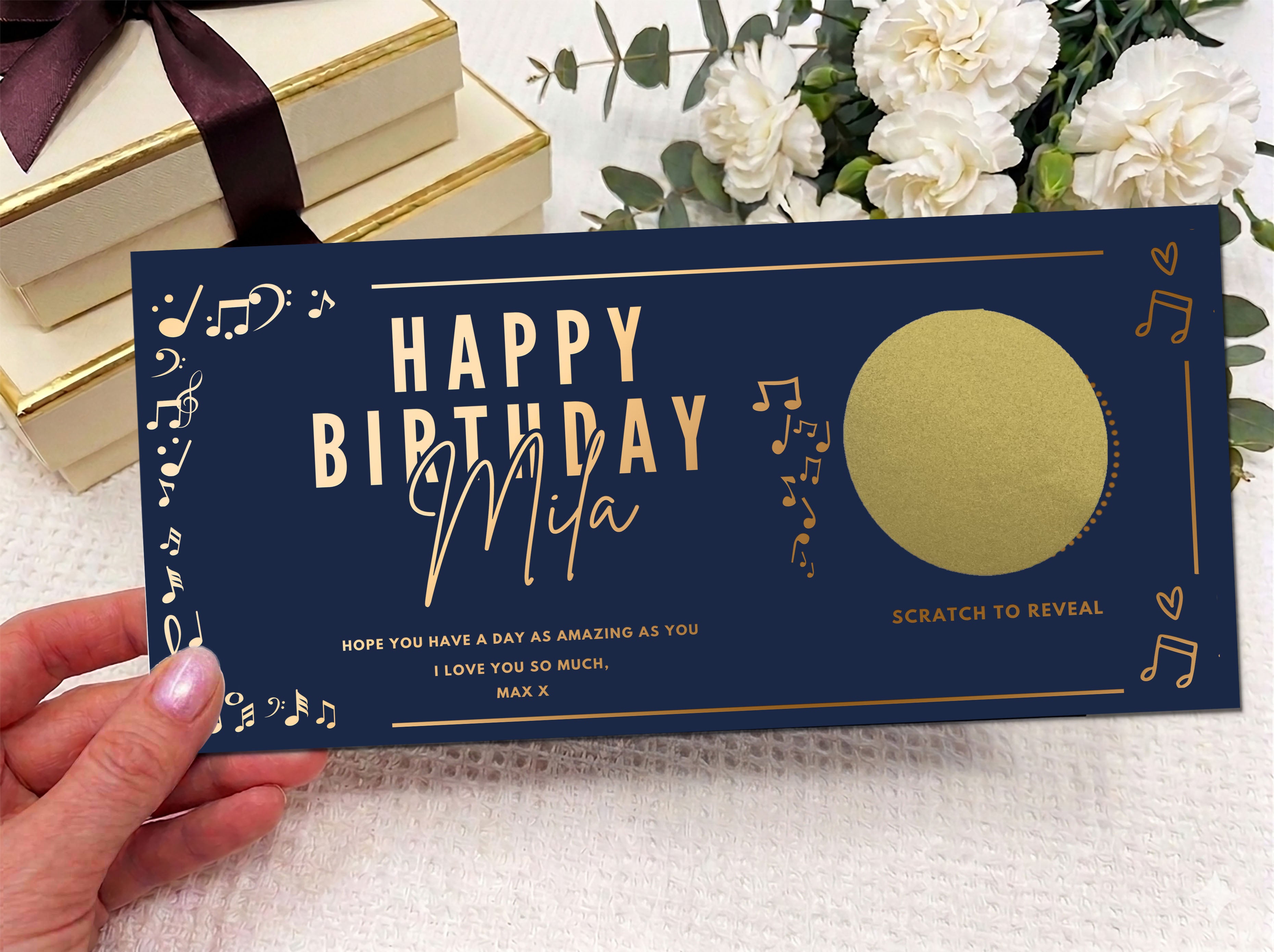 Personalised Gold Musical Notes Birthday Scratch Reveal Ticket