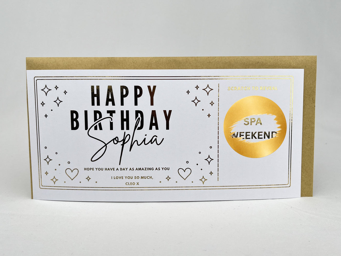 Personalised Gold Stars and Hearts Birthday Scratch Reveal Voucher