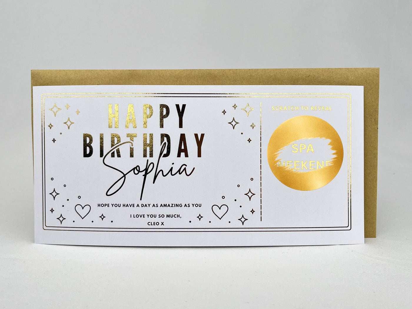 Personalised Gold Stars and Hearts Birthday Scratch Reveal Voucher