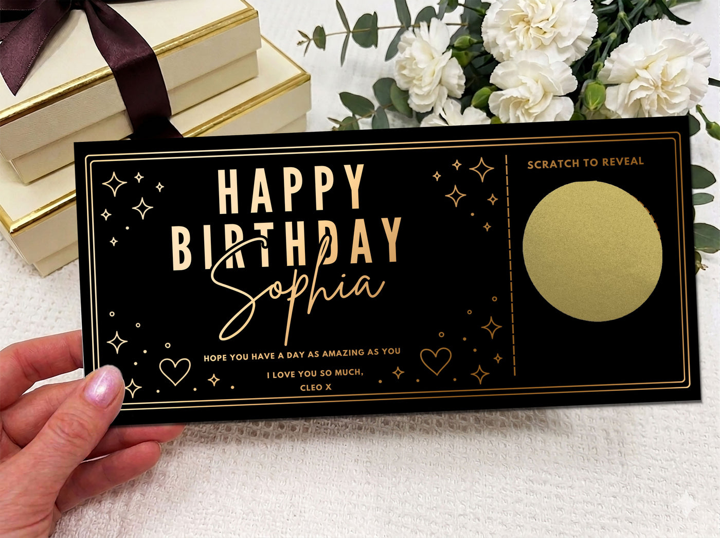 Personalised Gold Stars and Hearts Birthday Scratch Reveal Voucher