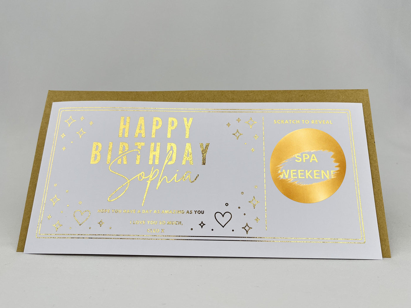 Personalised Gold Stars and Hearts Birthday Scratch Reveal Voucher