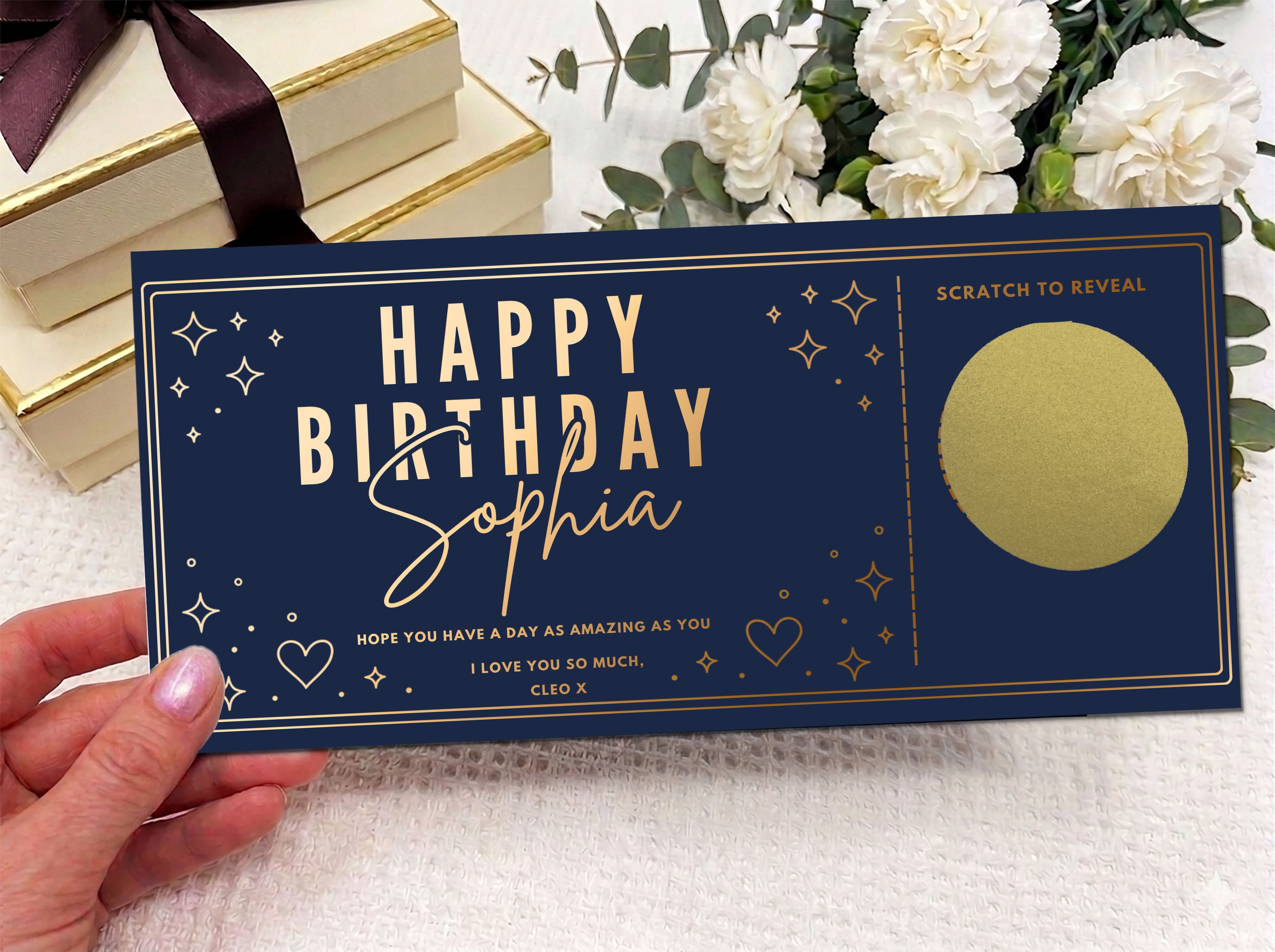 Personalised Gold Stars and Hearts Birthday Scratch Reveal Voucher