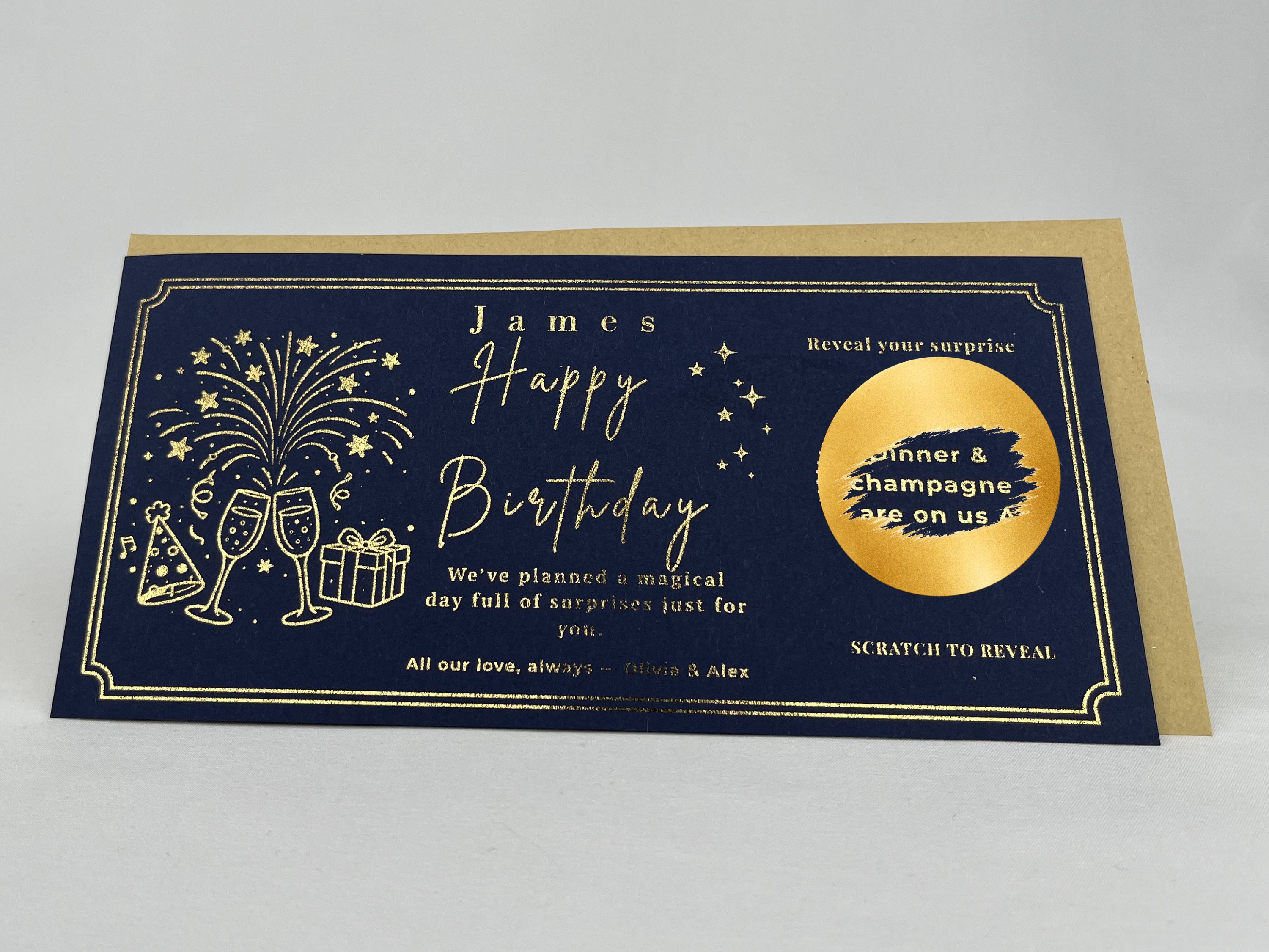 Birthday Scratch Off Card with Champagne, Personalised Surprise Voucher Gift