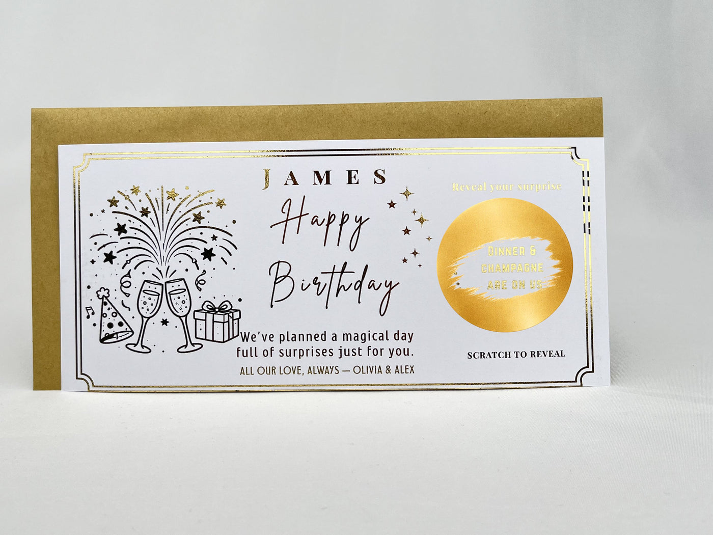 Birthday Scratch Off Card with Champagne, Personalised Surprise Voucher Gift