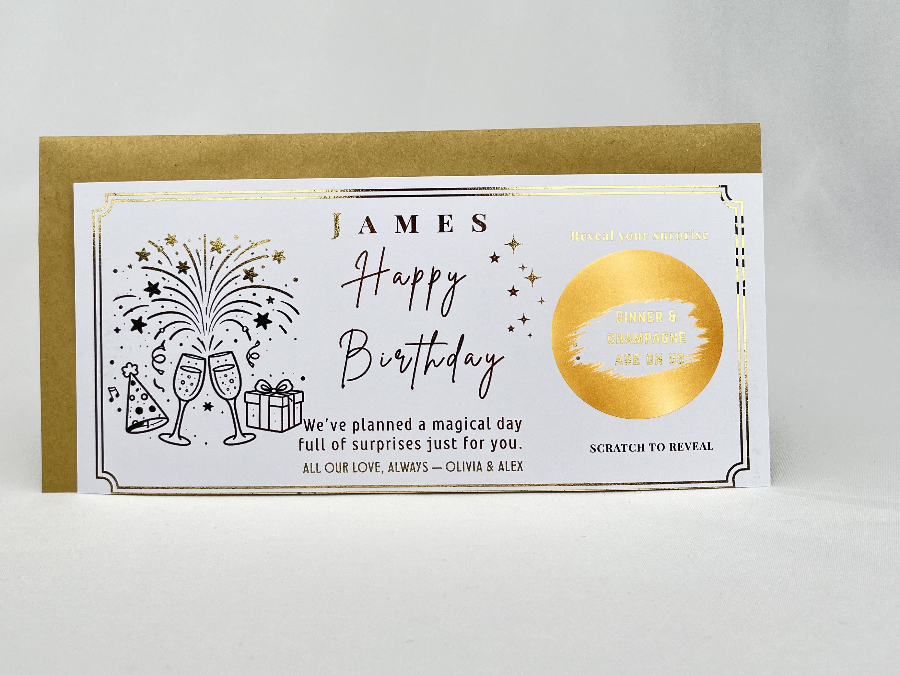 Birthday Scratch Off Card with Champagne, Personalised Surprise Voucher Gift
