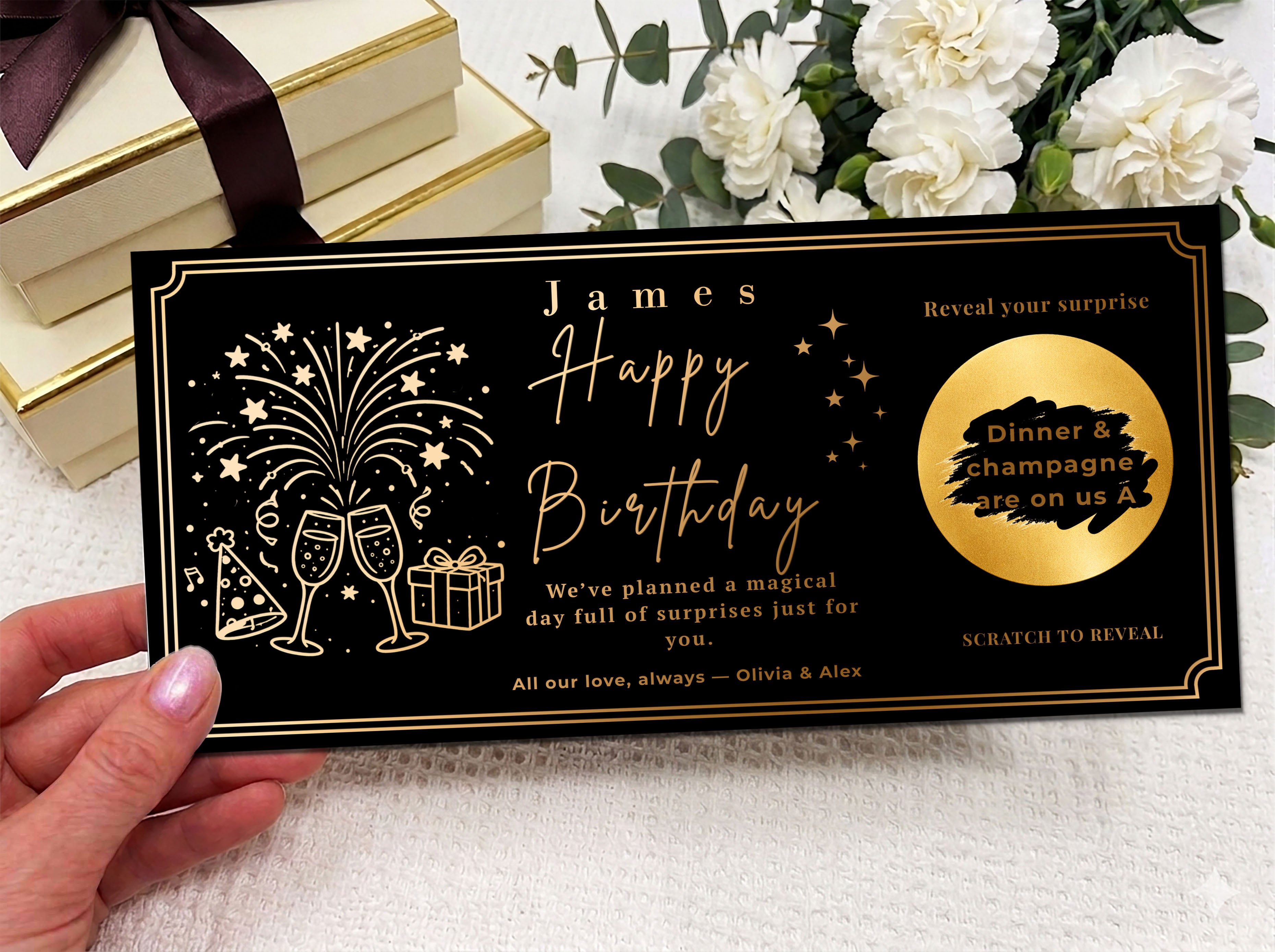 Birthday Scratch Off Card with Champagne, Personalised Surprise Voucher Gift