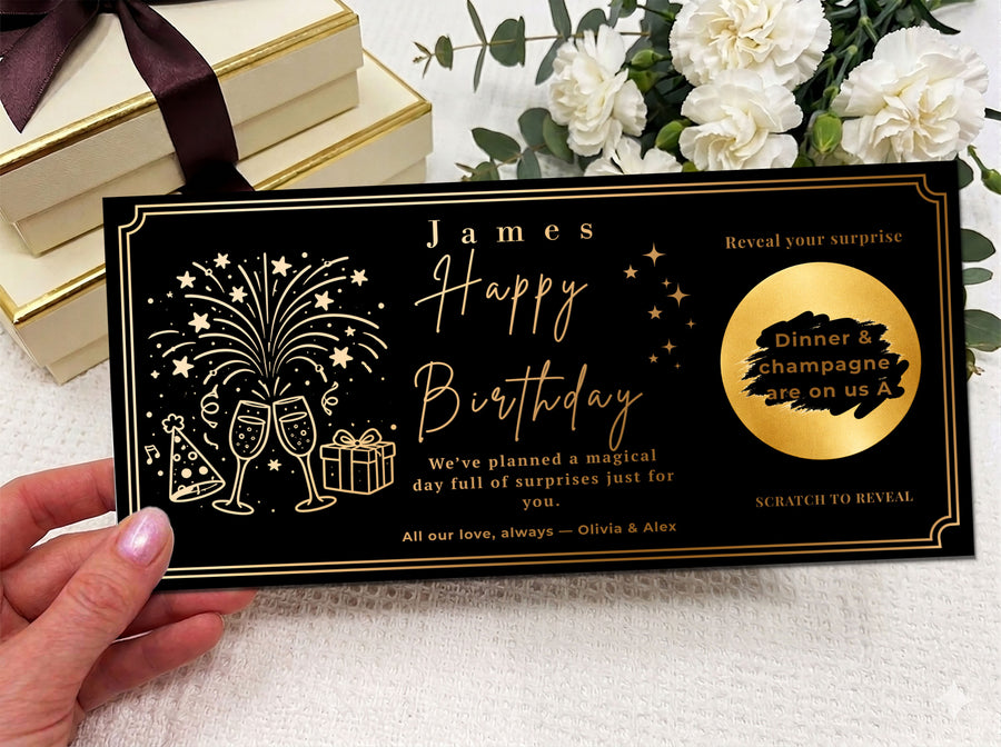 Birthday Scratch Off Card with Champagne, Personalised Surprise Voucher Gift