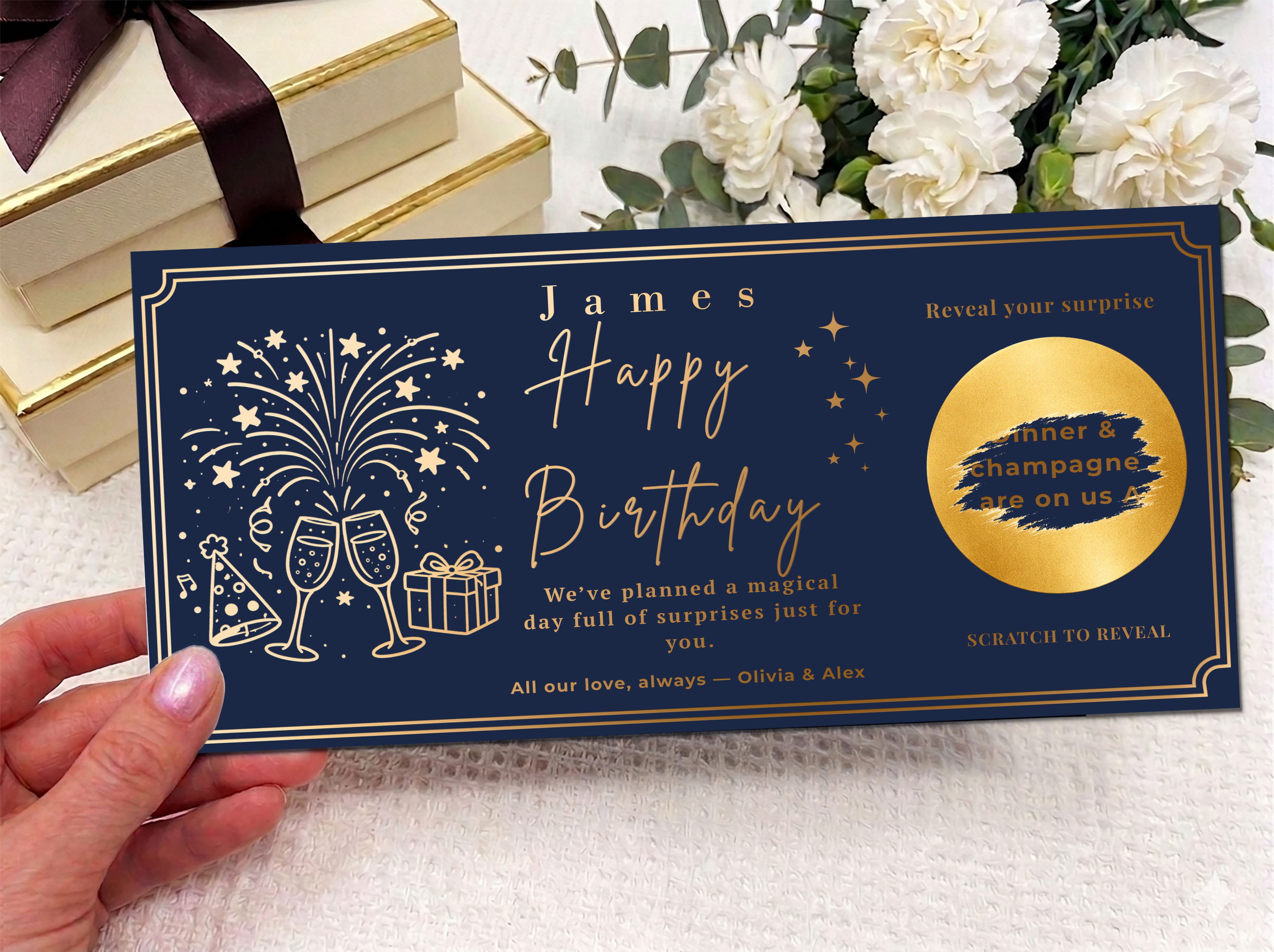 Birthday Scratch Off Card with Champagne, Personalised Surprise Voucher Gift