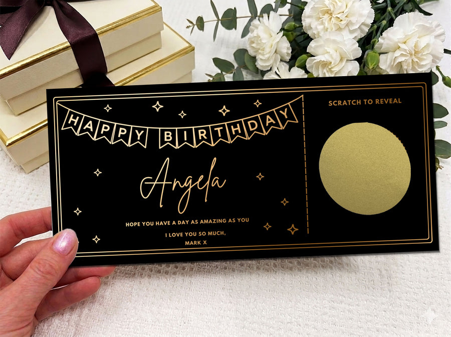 Personalised Gold Bunting Birthday Surprise Scratch Reveal Voucher