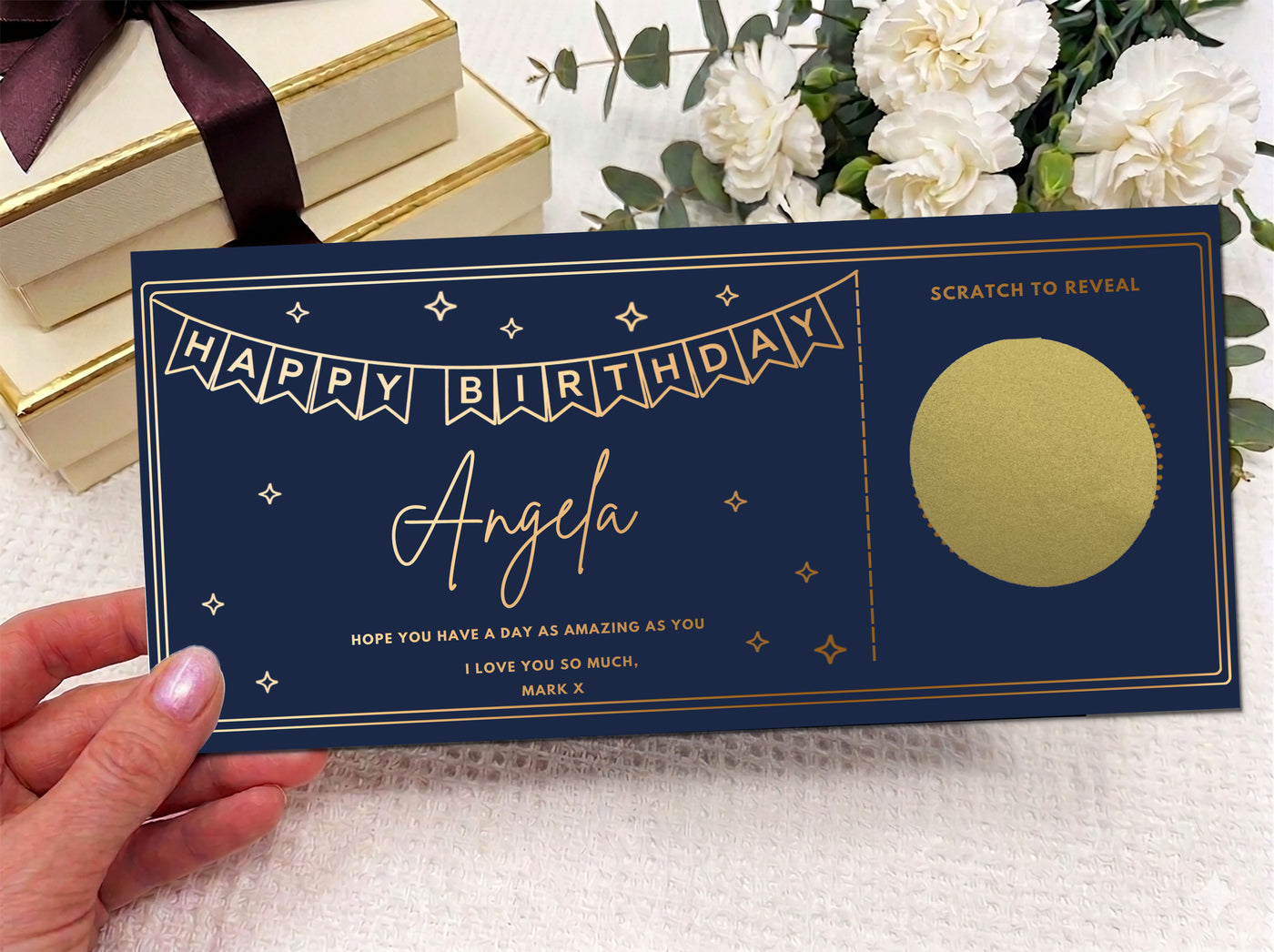 Personalised Gold Bunting Birthday Surprise Scratch Reveal Voucher