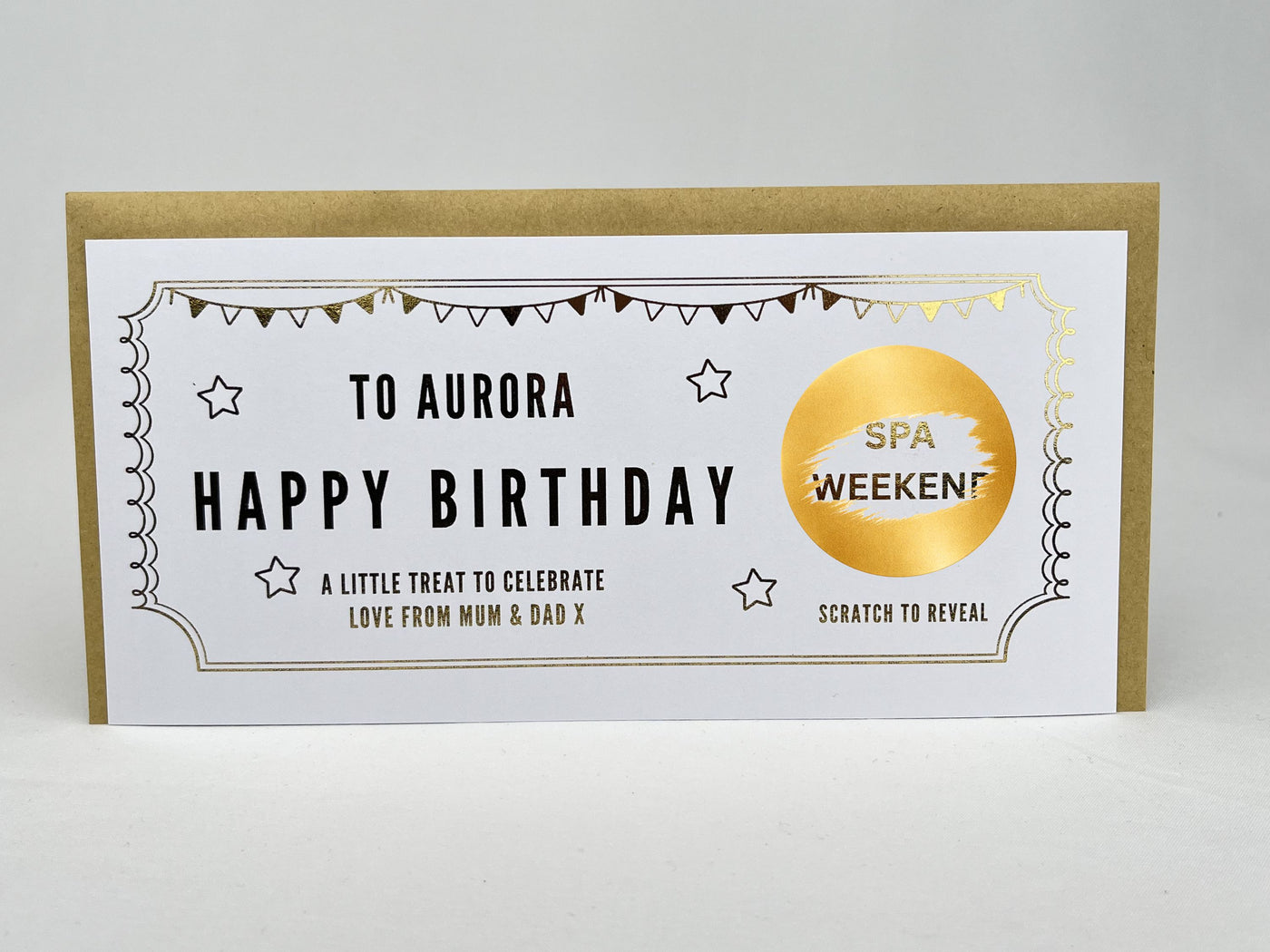 Personalised Gold Bunting & Scalloped Ticket Birthday Scratch Reveal Voucher