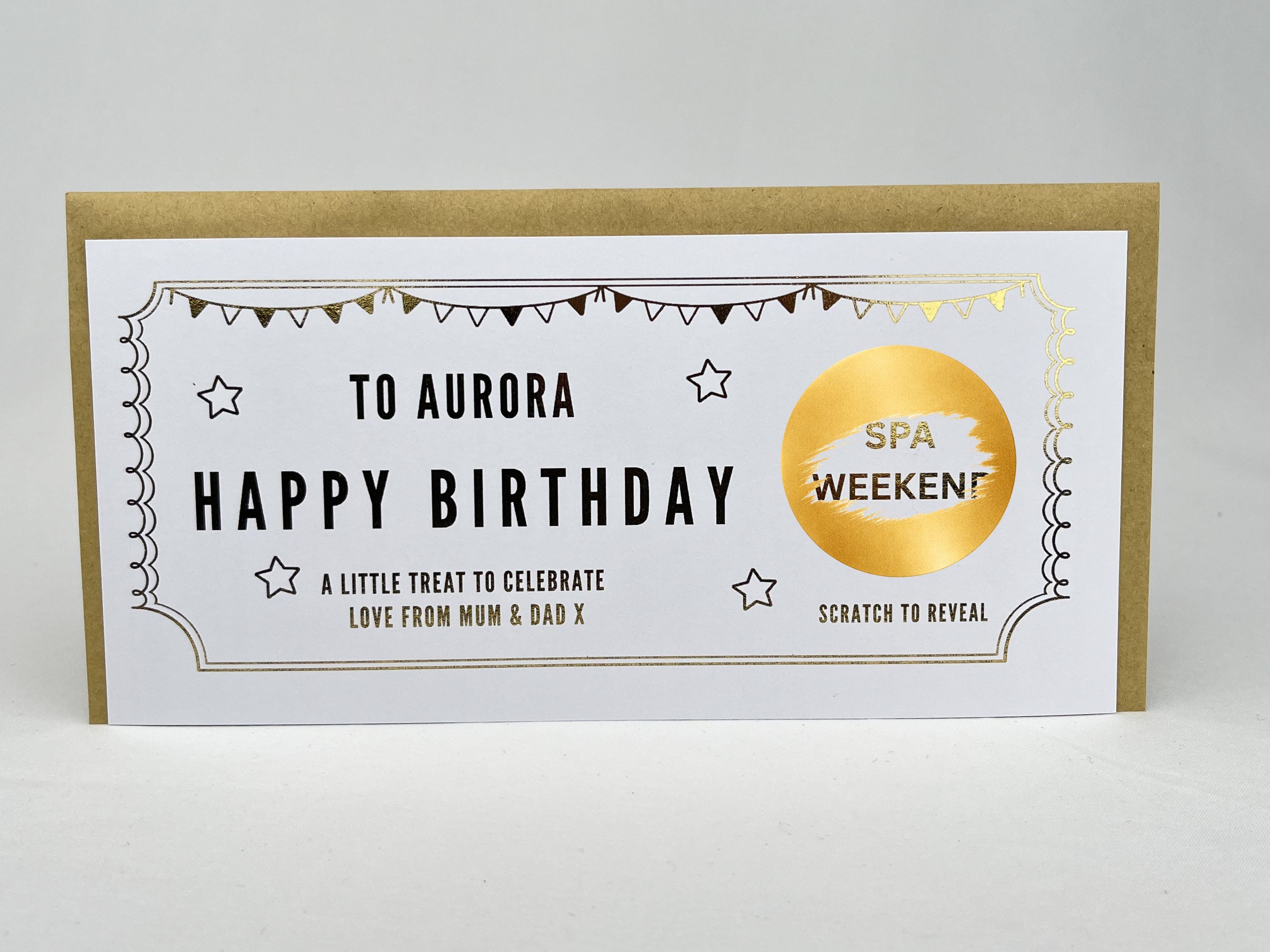 Personalised Gold Bunting & Scalloped Ticket Birthday Scratch Reveal Voucher