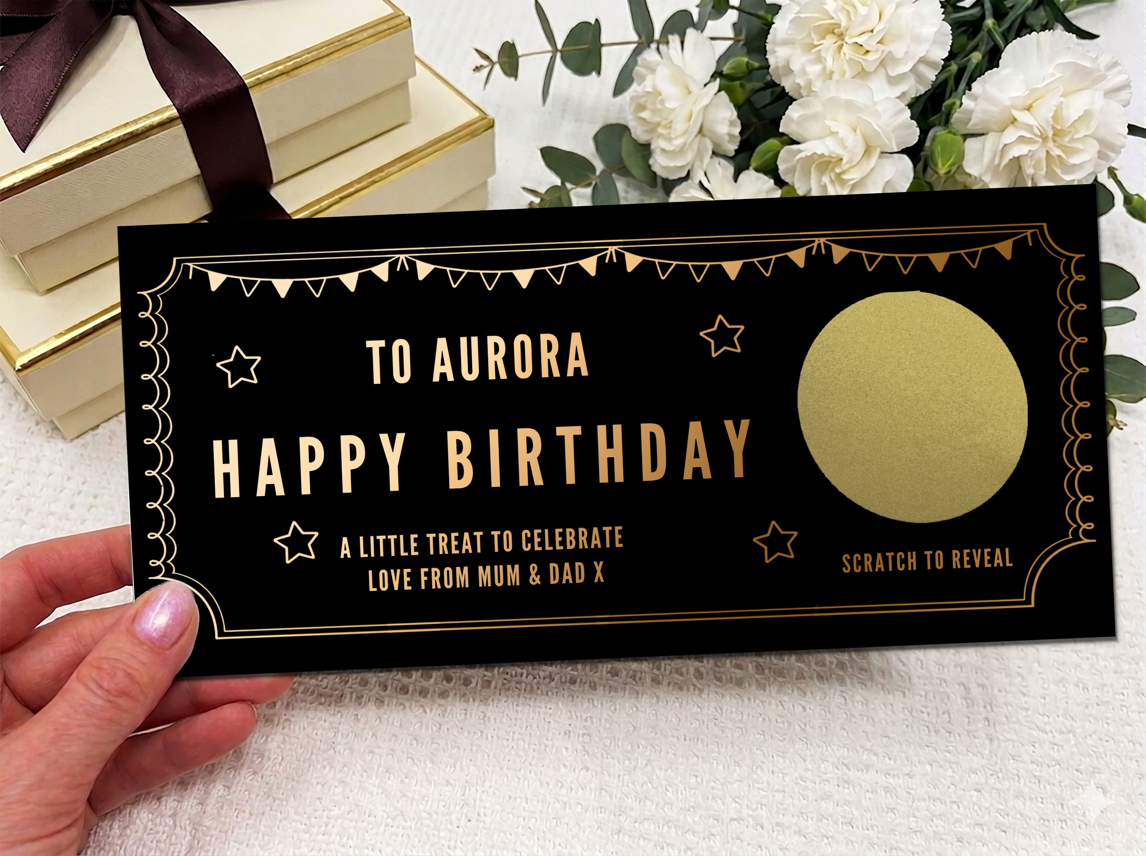 Personalised Gold Bunting & Scalloped Ticket Birthday Scratch Reveal Voucher