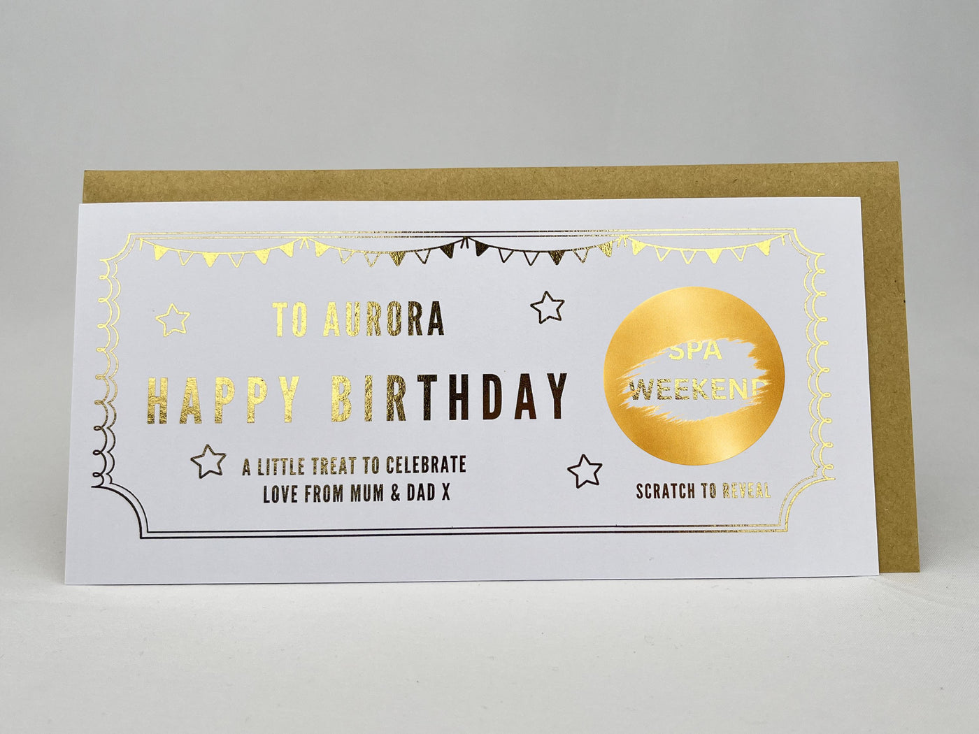 Personalised Gold Bunting & Scalloped Ticket Birthday Scratch Reveal Voucher