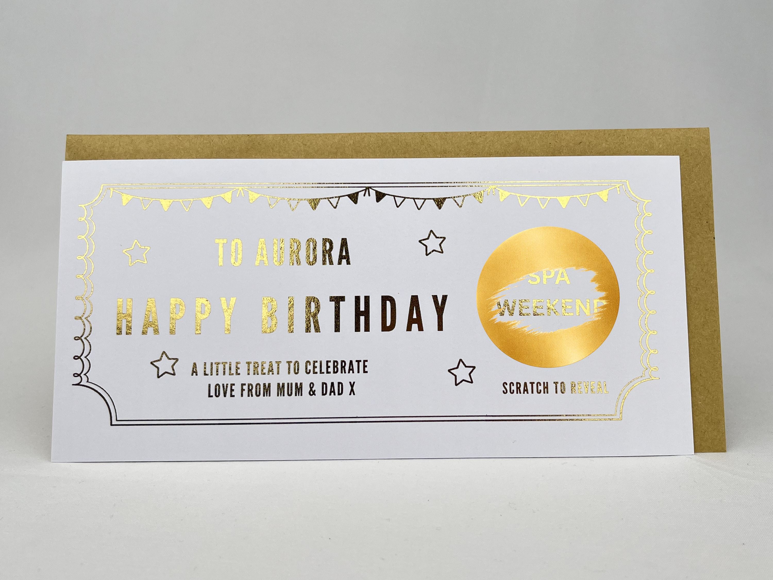 Personalised Gold Bunting & Scalloped Ticket Birthday Scratch Reveal Voucher