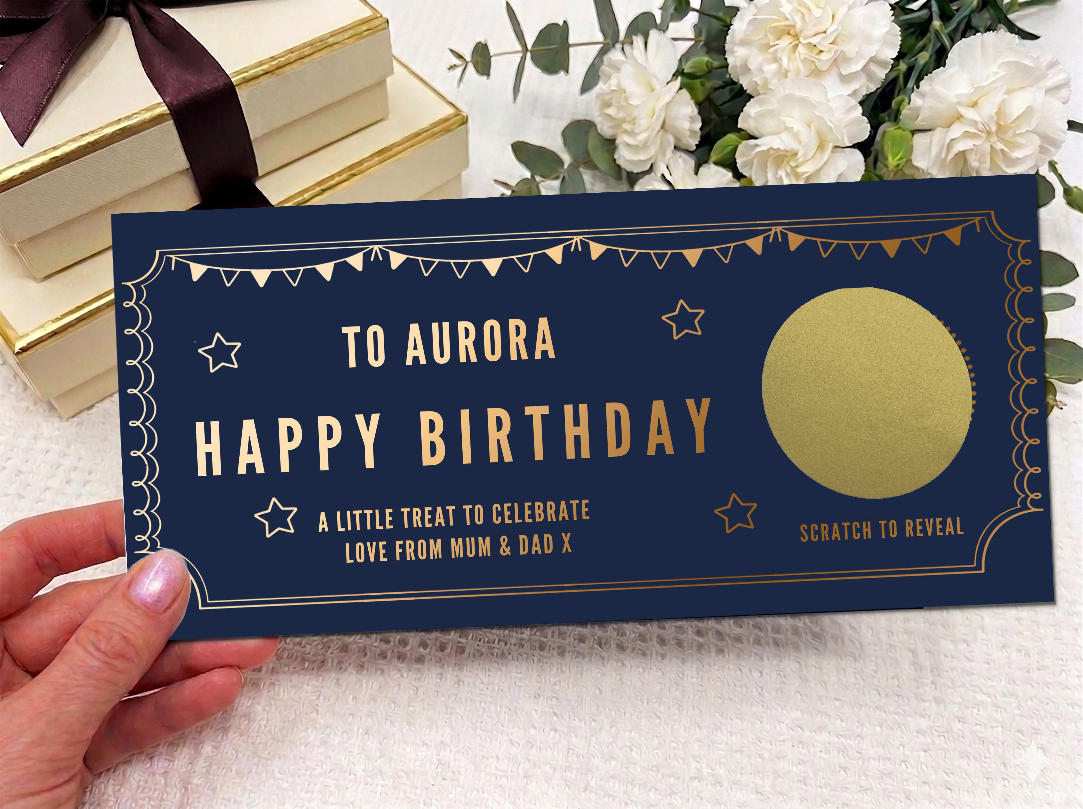 Personalised Gold Bunting & Scalloped Ticket Birthday Scratch Reveal Voucher