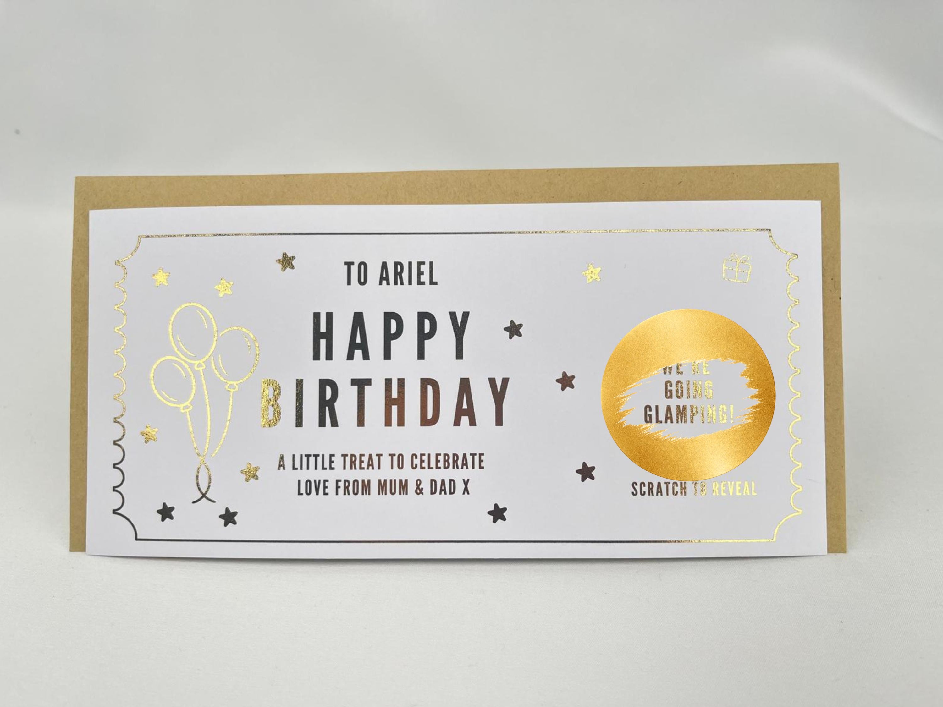 Personalised Gold Balloons Birthday Surprise Scratch Reveal Voucher