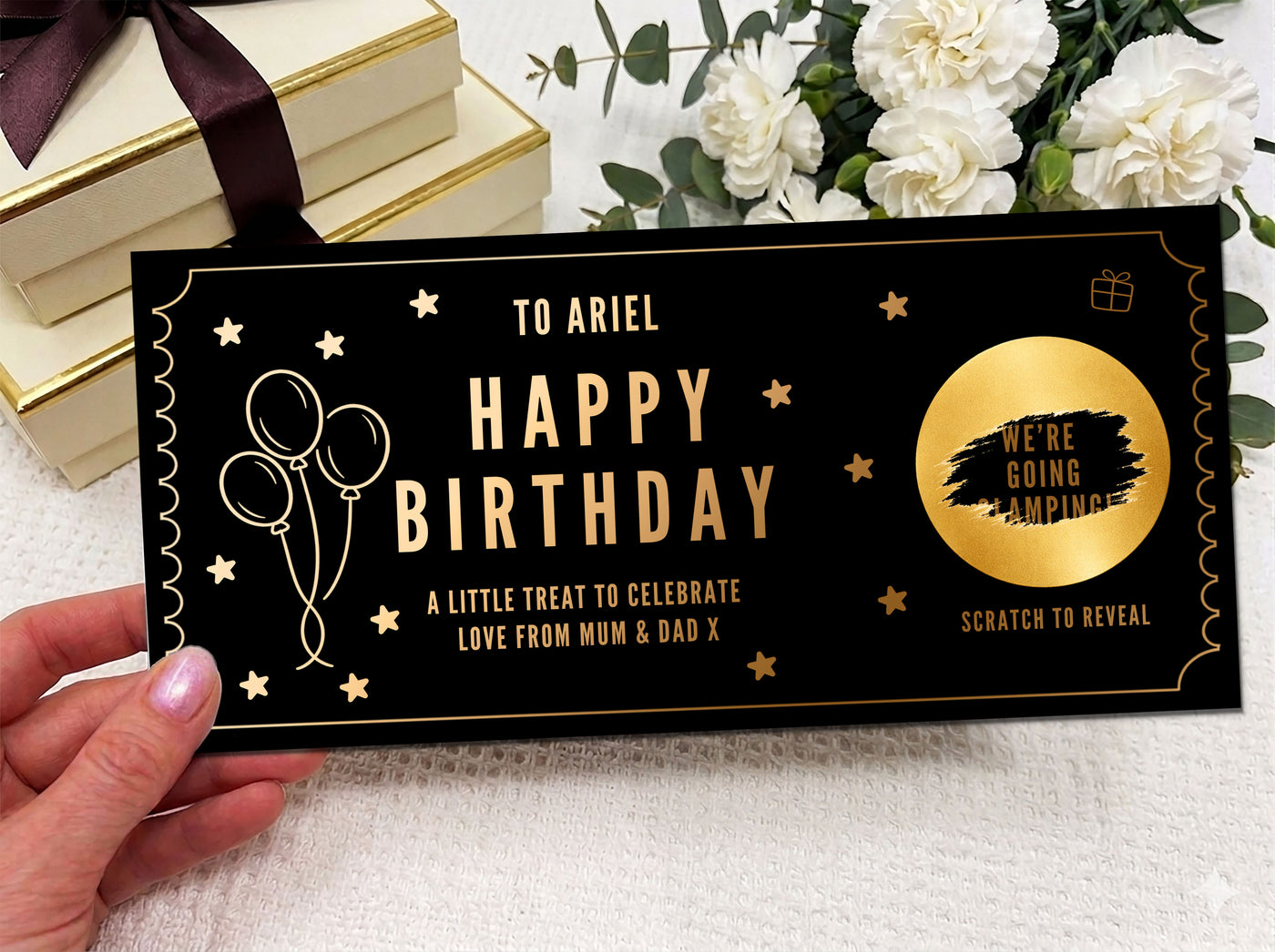 Personalised Gold Balloons Birthday Surprise Scratch Reveal Voucher