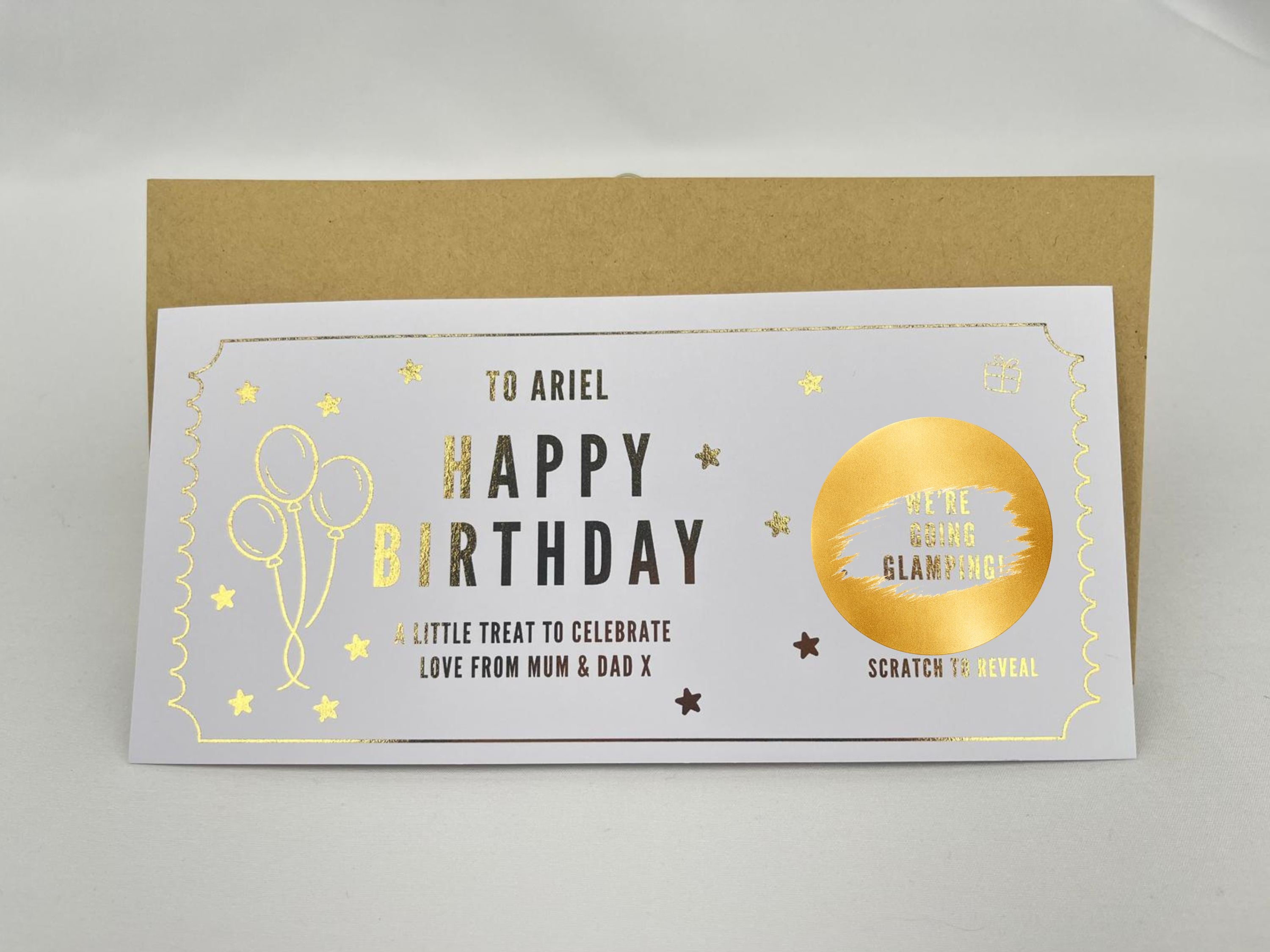 Personalised Gold Balloons Birthday Surprise Scratch Reveal Voucher