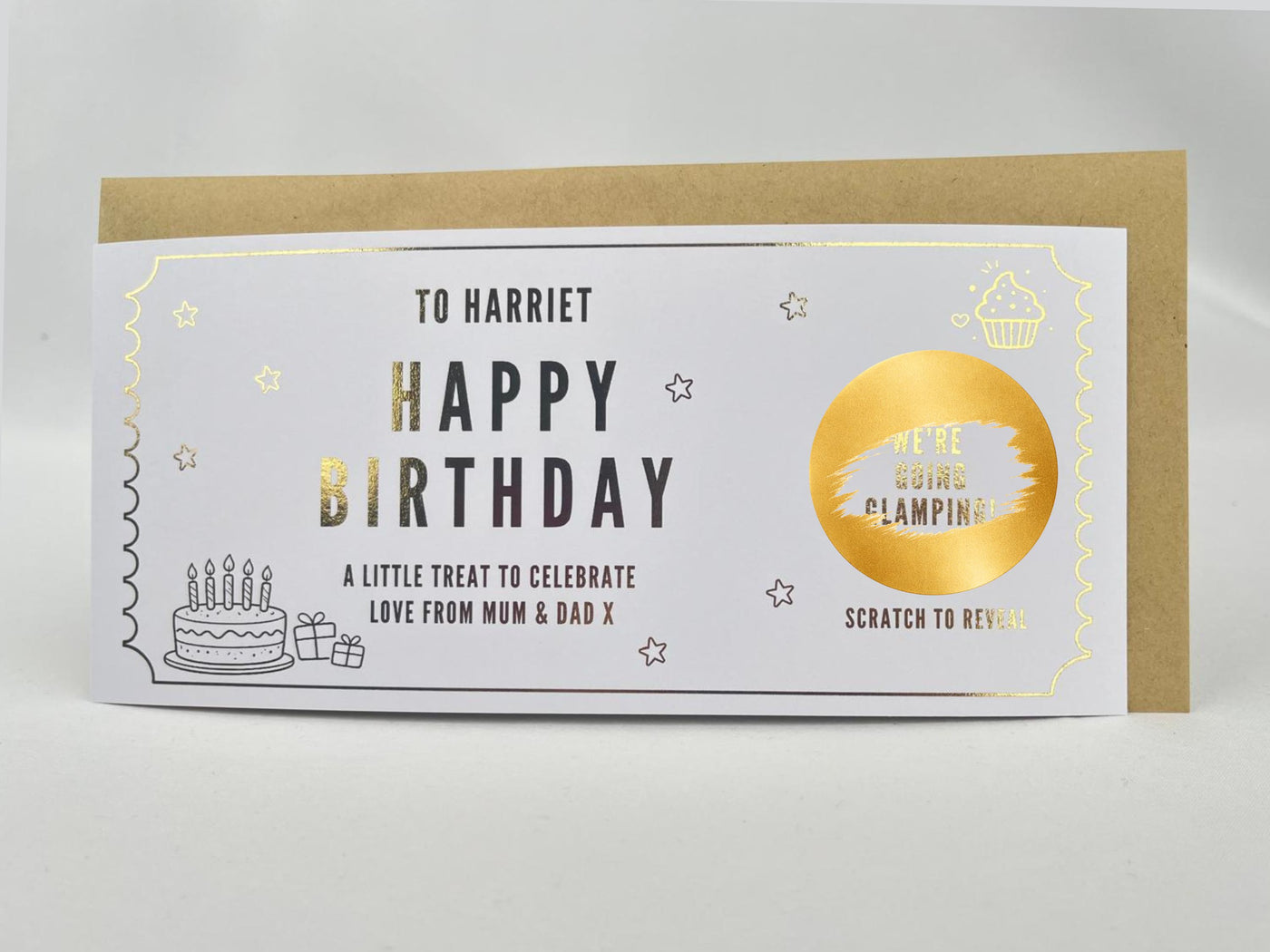 Personalised Gold Birthday Cake and Treats Scratch Reveal Ticket