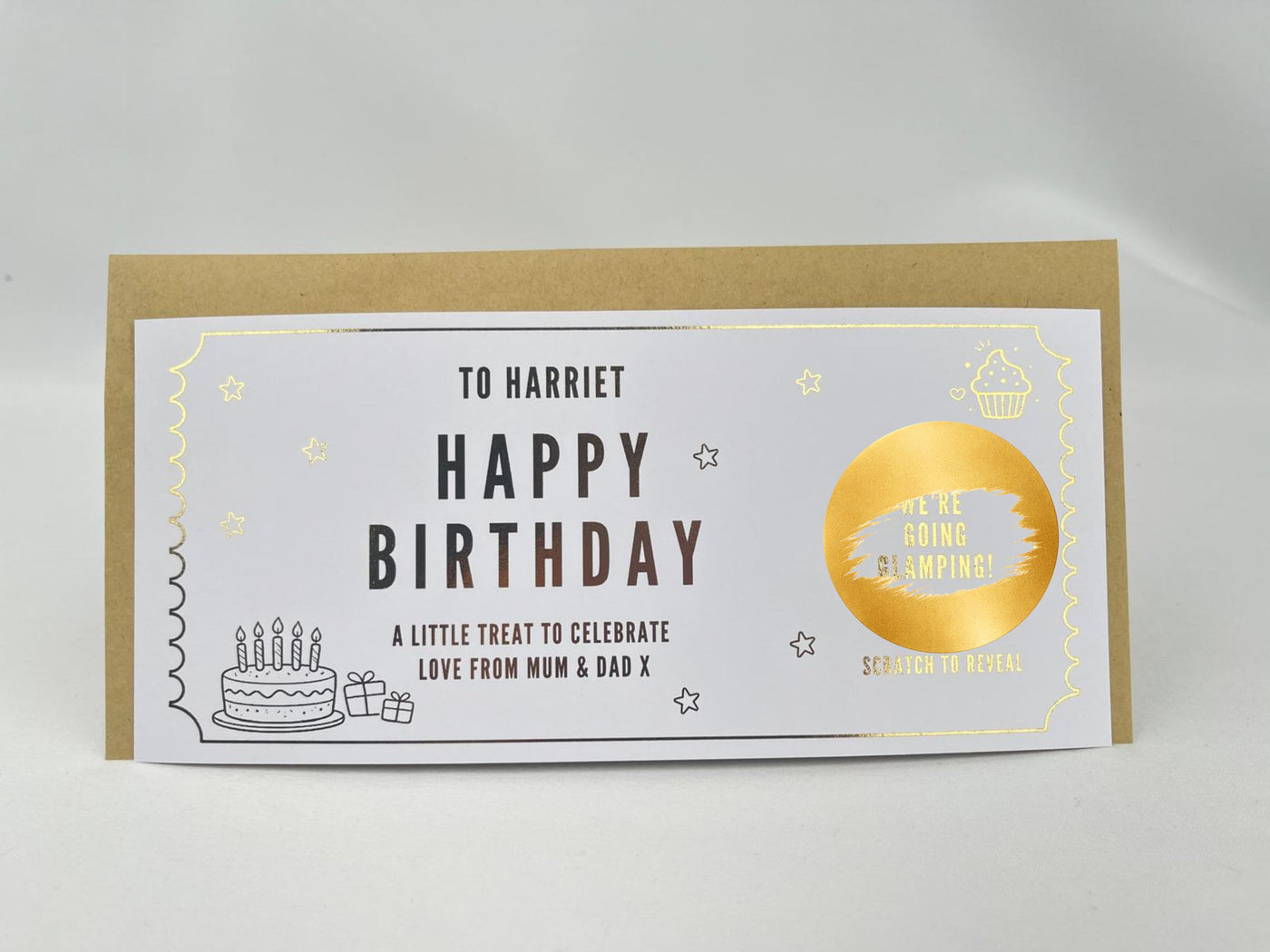 Personalised Gold Birthday Cake and Treats Scratch Reveal Ticket