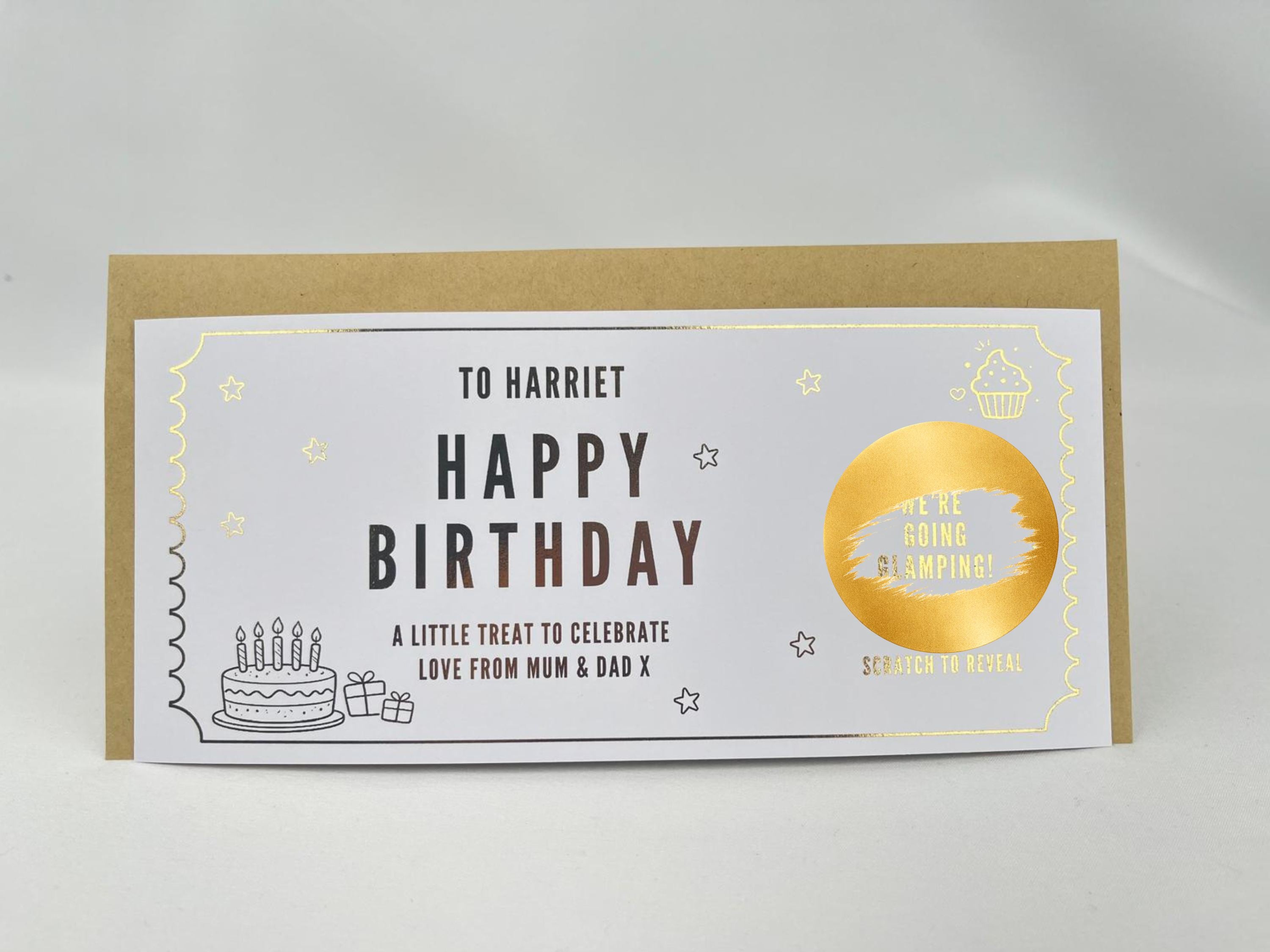 Personalised Gold Birthday Cake and Treats Scratch Reveal Ticket