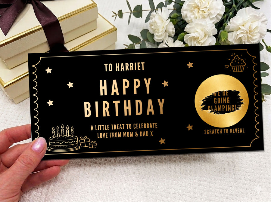 Personalised Gold Birthday Cake and Treats Scratch Reveal Ticket