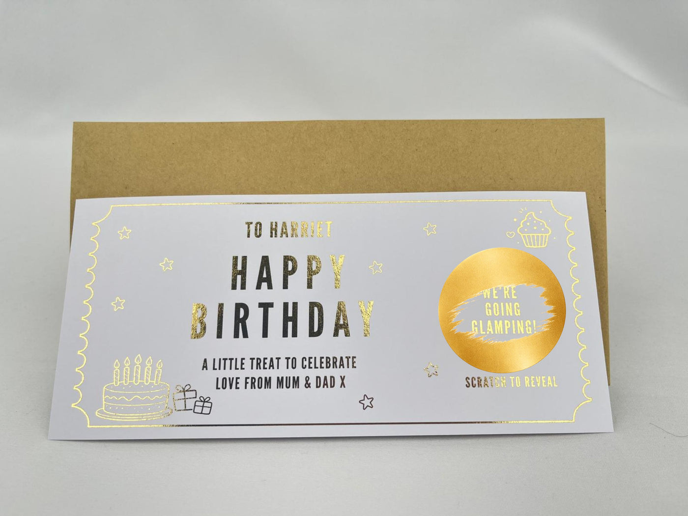 Personalised Gold Birthday Cake and Treats Scratch Reveal Ticket