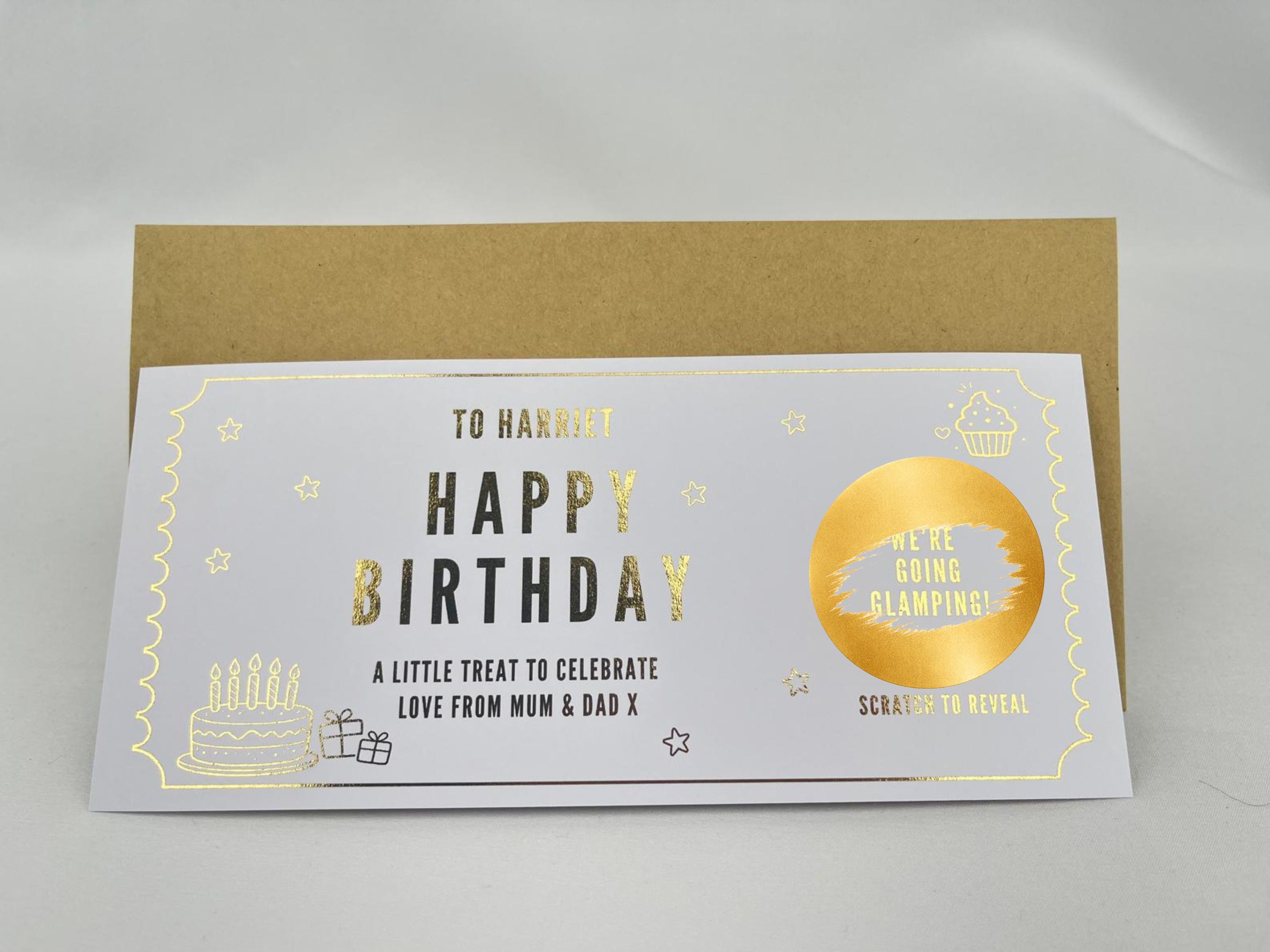 Personalised Gold Birthday Cake and Treats Scratch Reveal Ticket