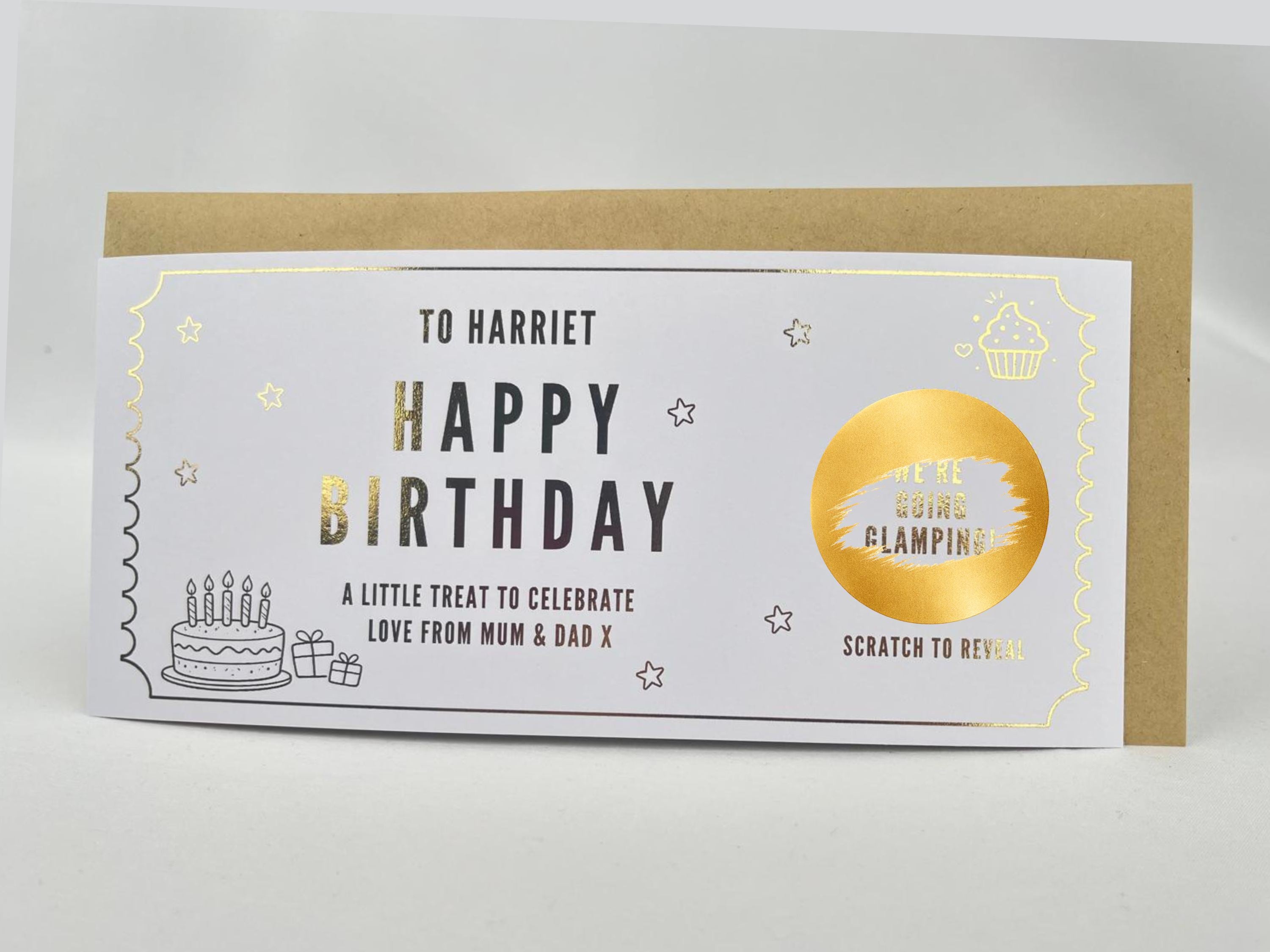 Personalised Gold Birthday Cake and Treats Scratch Reveal Ticket