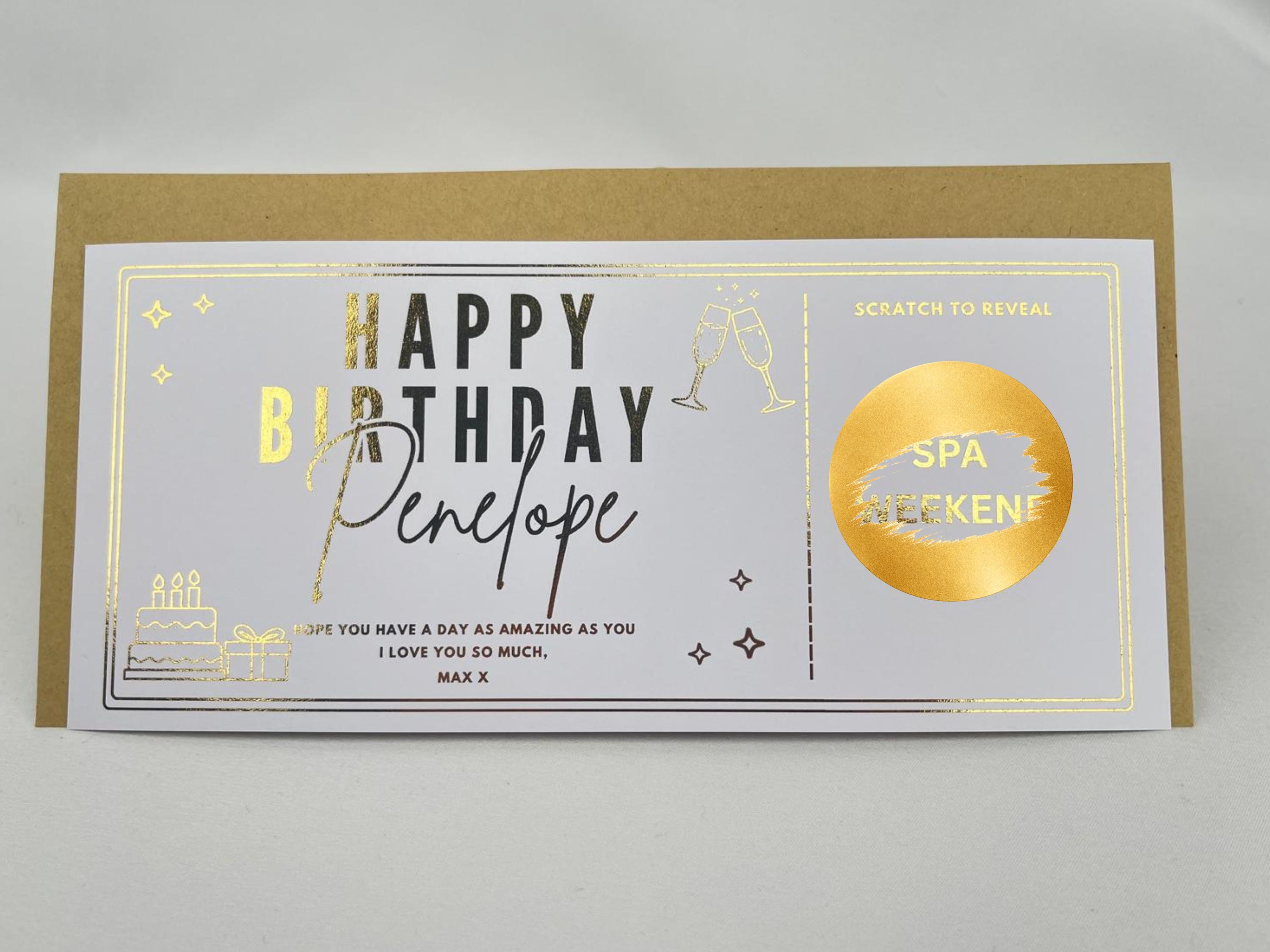 Personalised Gold Script Name Birthday Scratch Reveal Ticket
