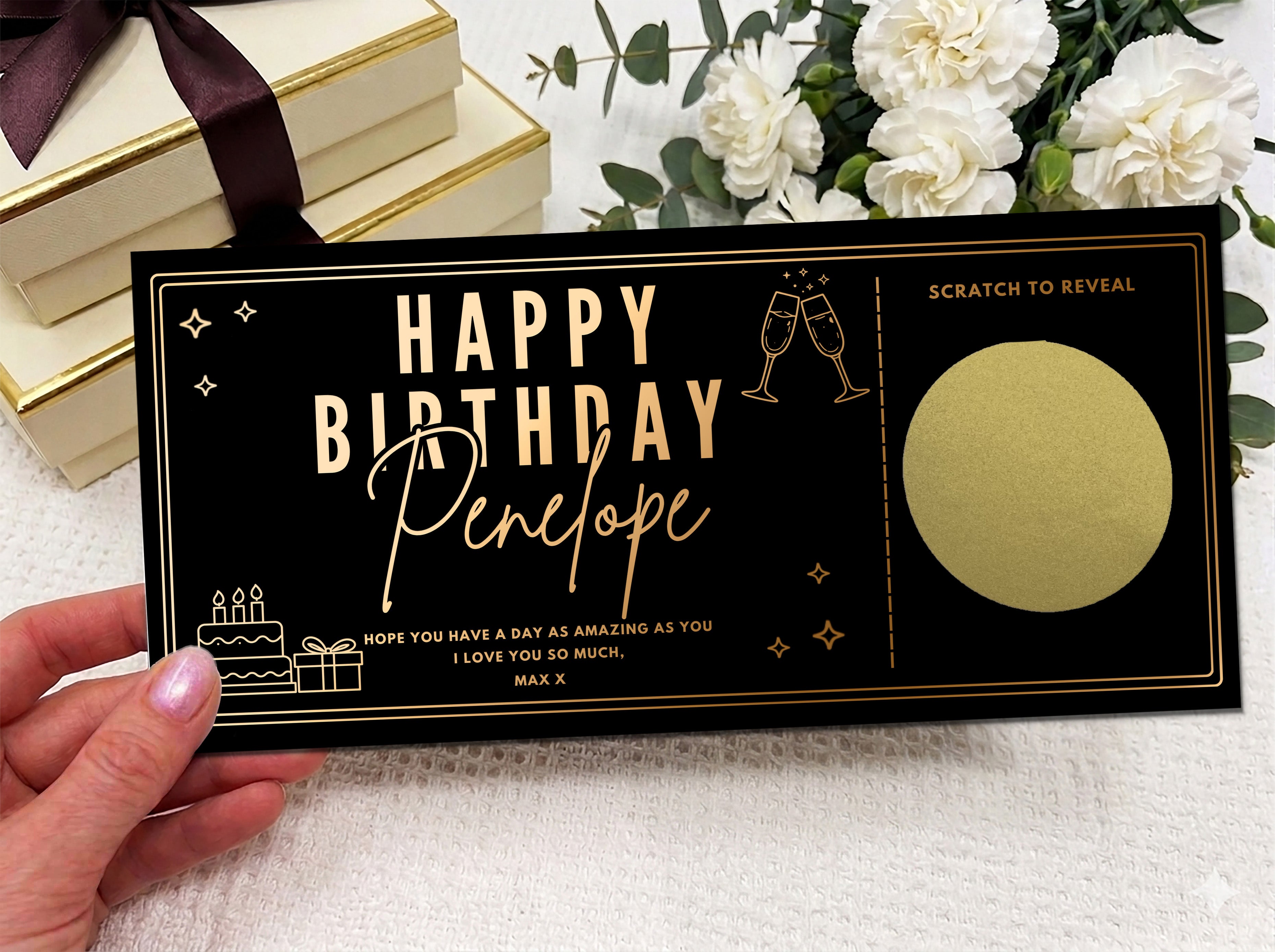 Personalised Gold Script Name Birthday Scratch Reveal Ticket