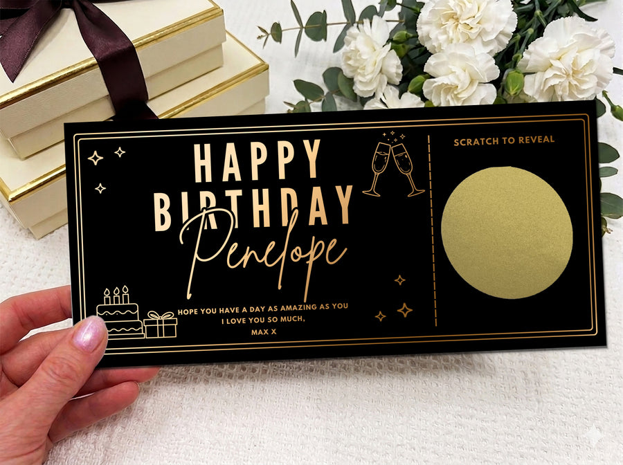 Personalised Gold Script Name Birthday Scratch Reveal Ticket