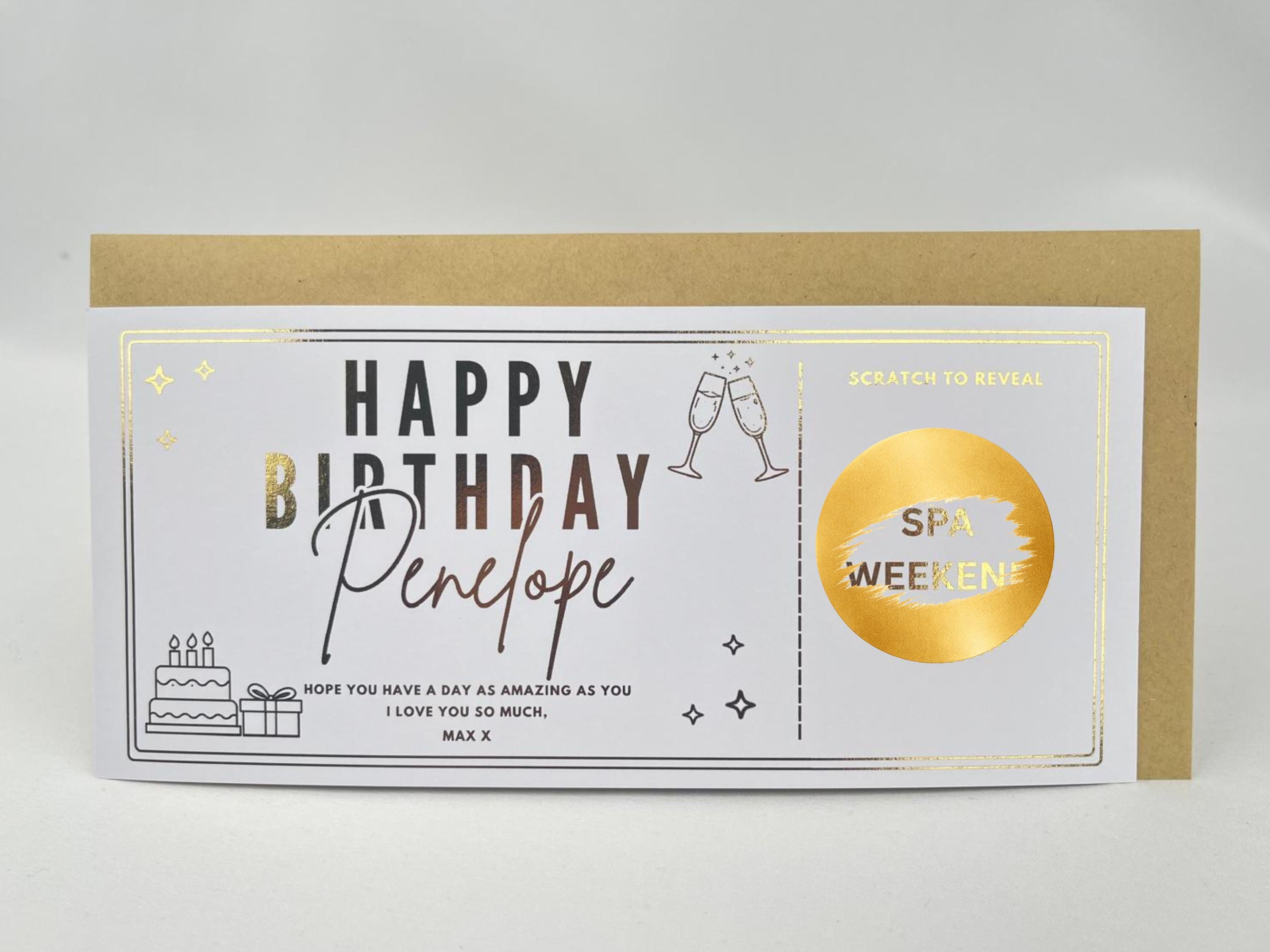 Personalised Gold Script Name Birthday Scratch Reveal Ticket
