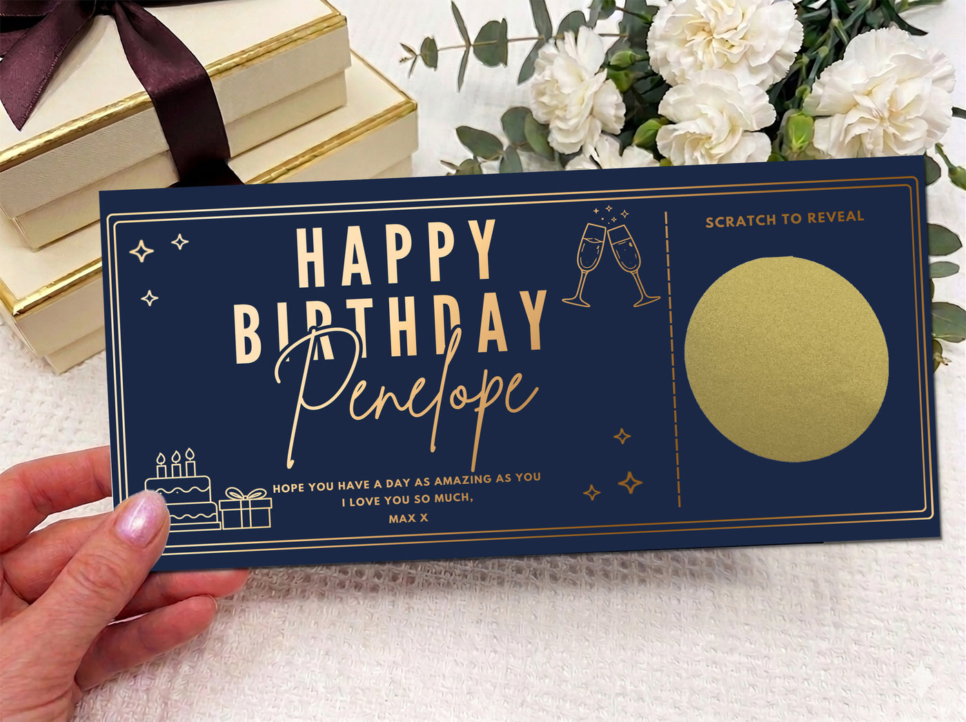 Personalised Gold Script Name Birthday Scratch Reveal Ticket