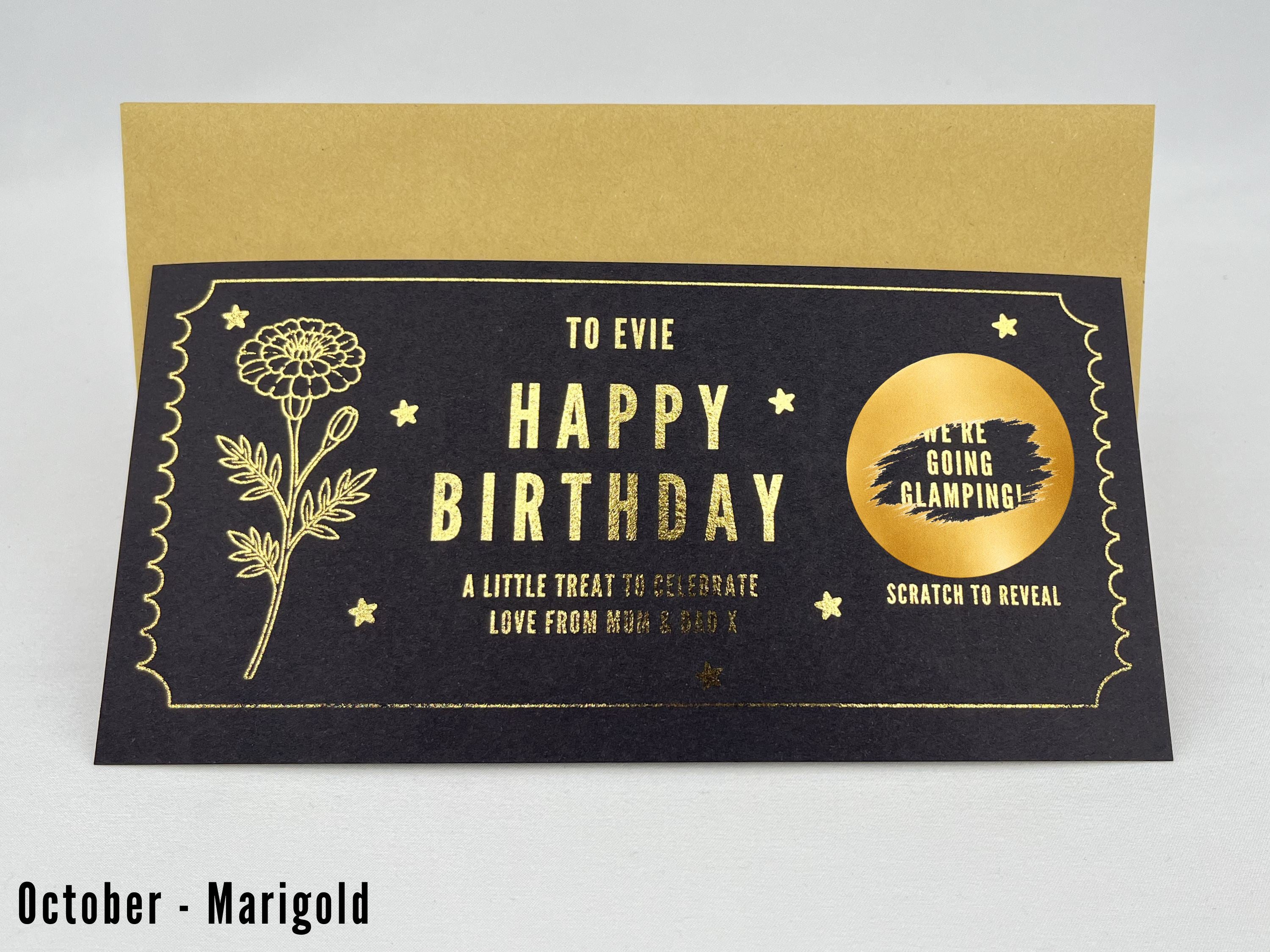 Personalised Gold Birth Month Flower Birthday Scratch Reveal Voucher