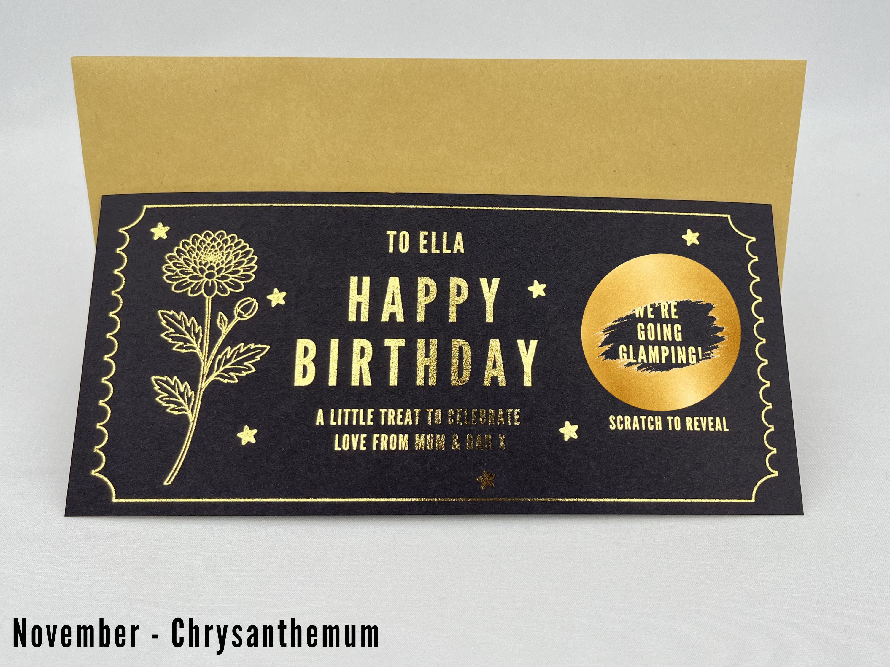 Personalised Gold Birth Month Flower Birthday Scratch Reveal Voucher