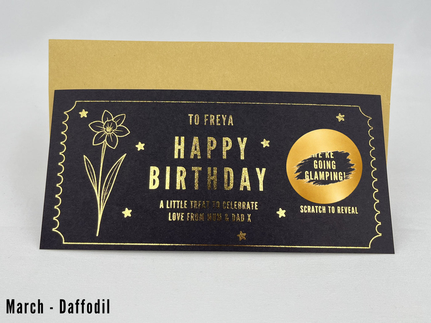 Personalised Gold Birth Month Flower Birthday Scratch Reveal Voucher
