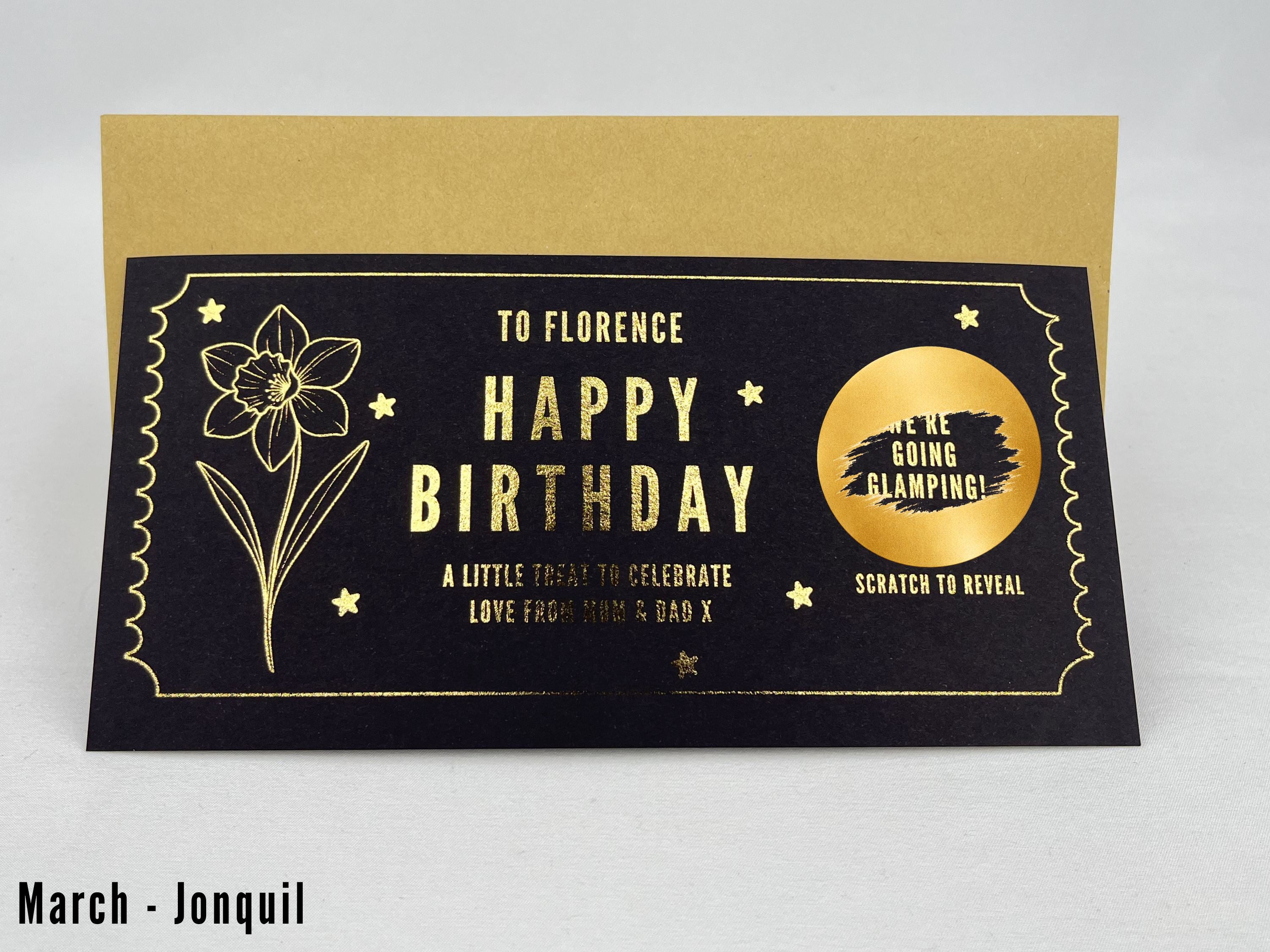 Personalised Gold Birth Month Flower Birthday Scratch Reveal Voucher