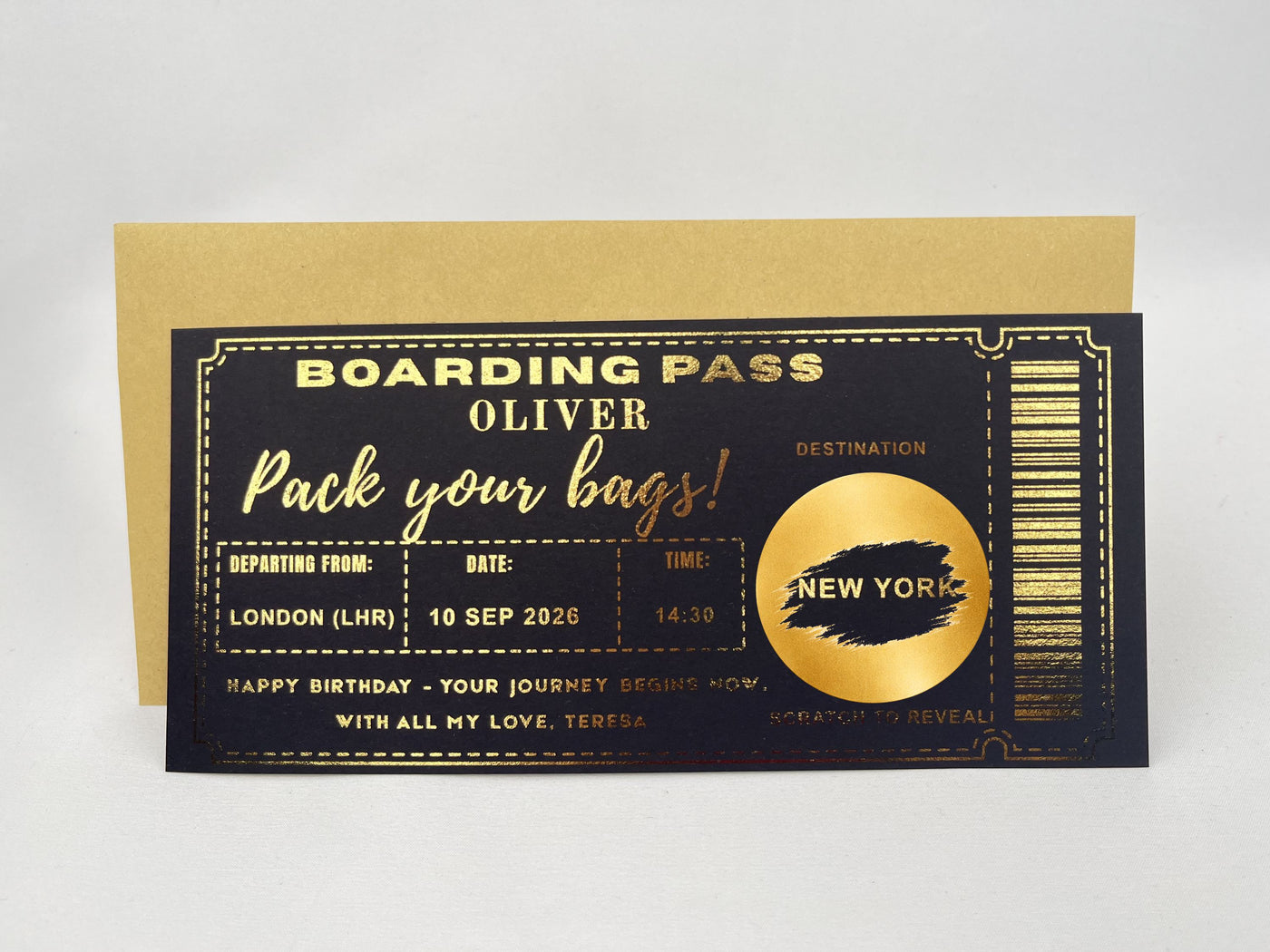 Personalised Holiday Reveal Boarding Pass – Gold Scratch Card Trip Announcement