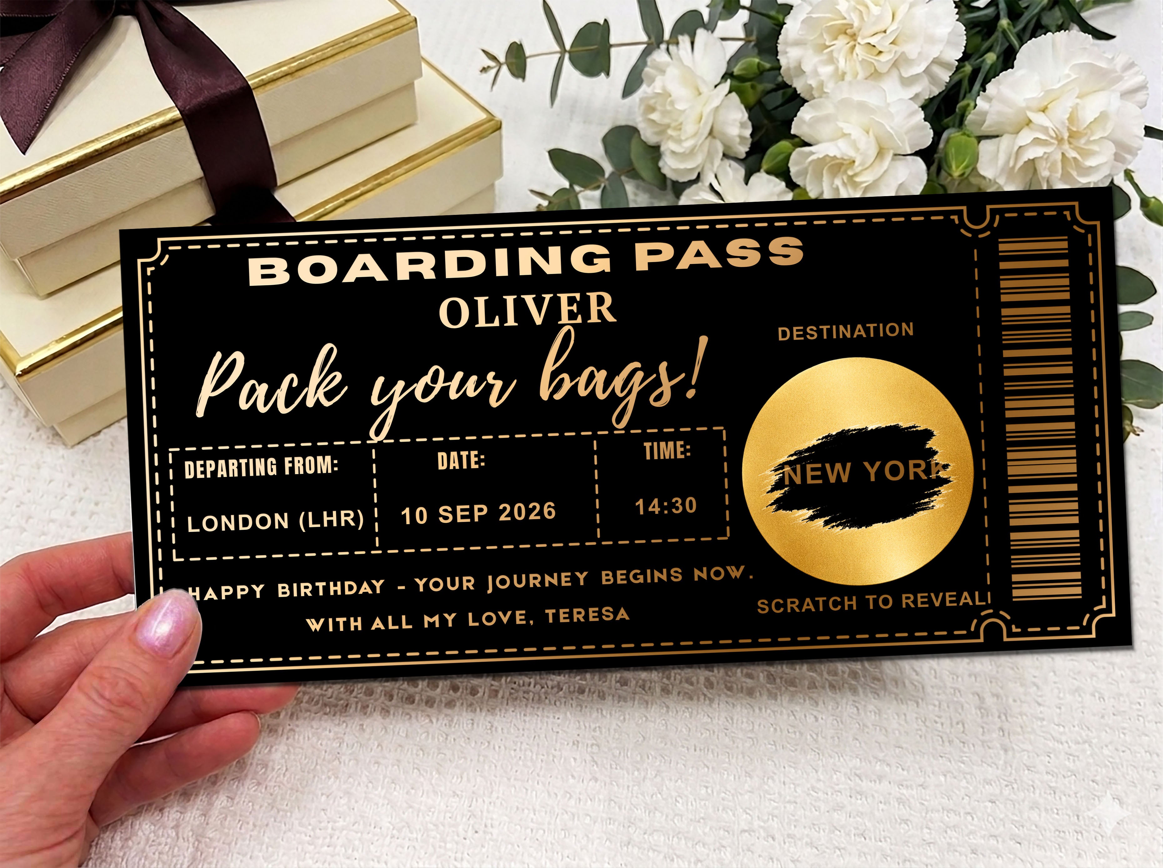 Personalised Holiday Reveal Boarding Pass – Gold Scratch Card Trip Announcement
