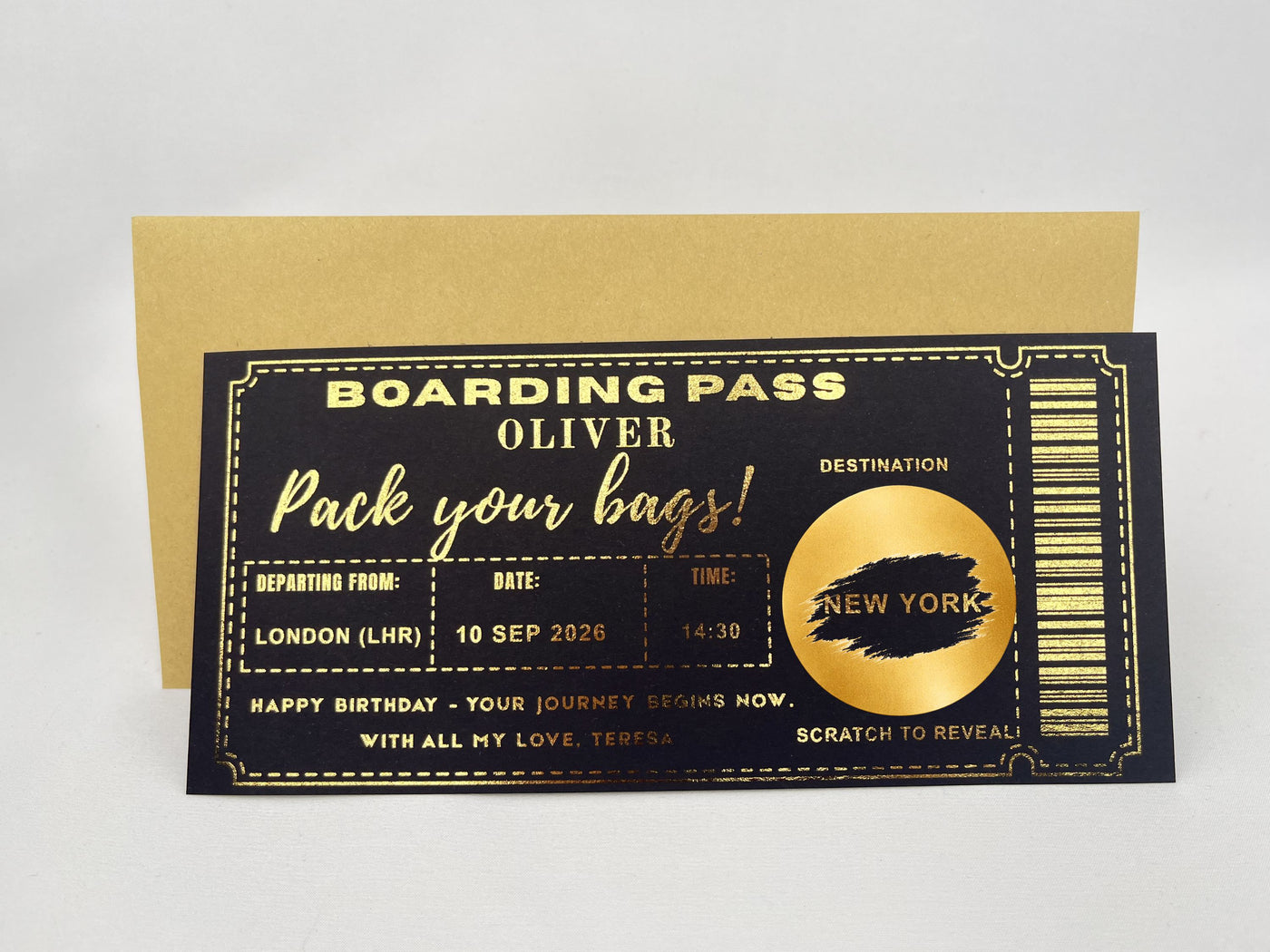 Personalised Holiday Reveal Boarding Pass – Gold Scratch Card Trip Announcement