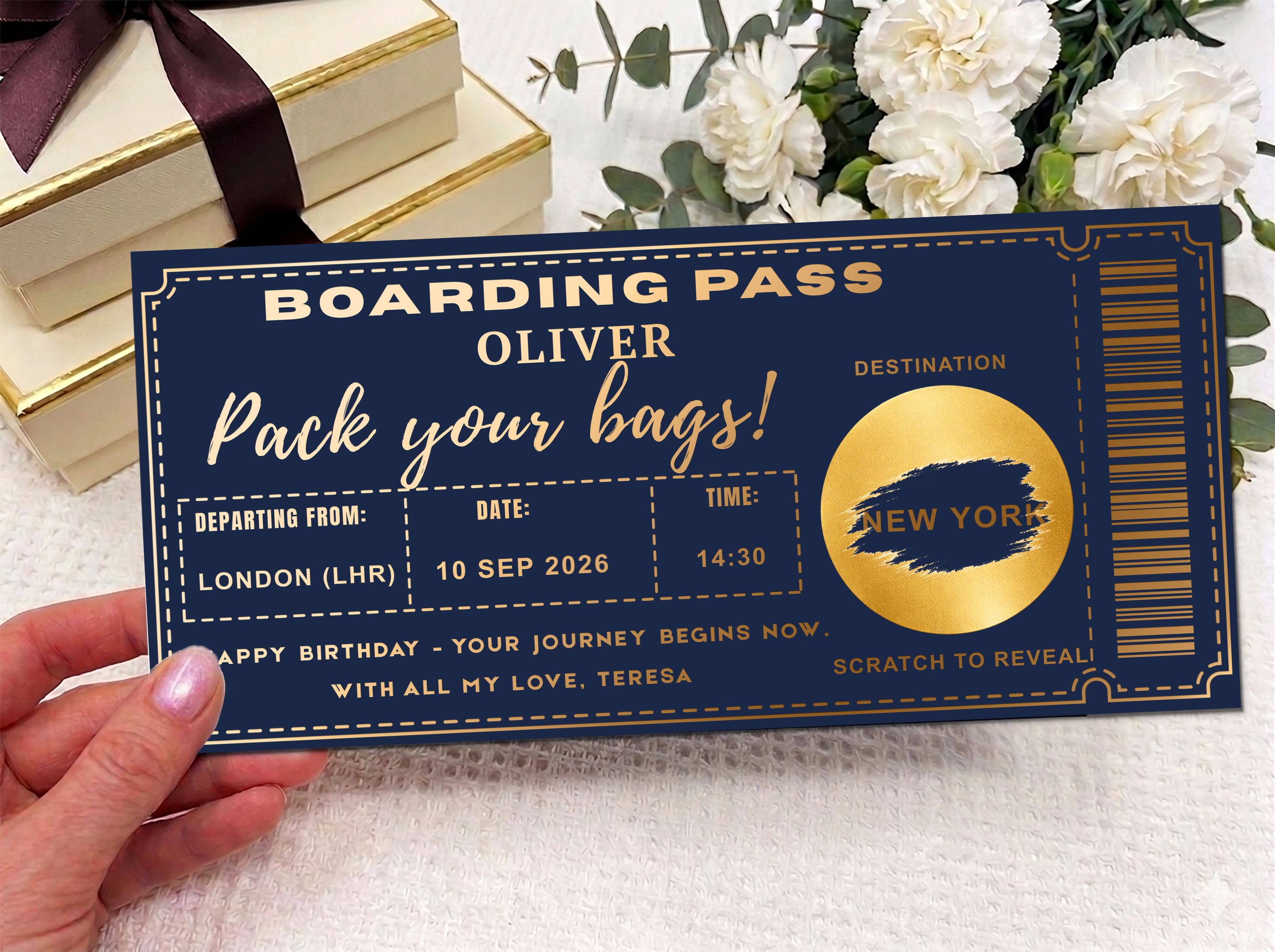 Personalised Holiday Reveal Boarding Pass – Gold Scratch Card Trip Announcement