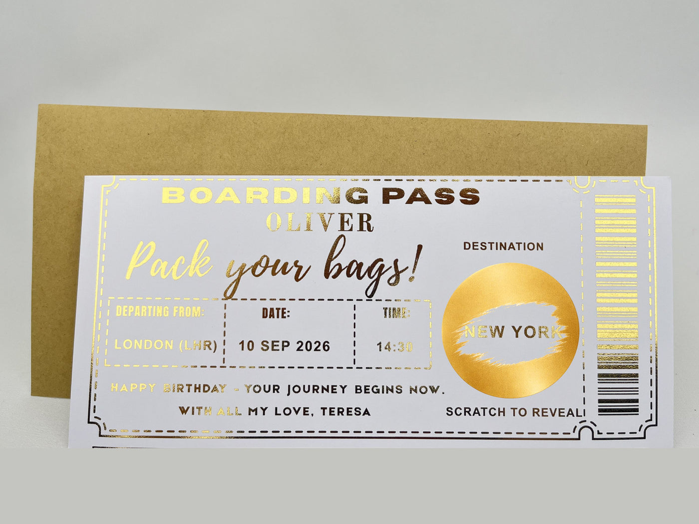Personalised Holiday Reveal Boarding Pass – Gold Scratch Card Trip Announcement