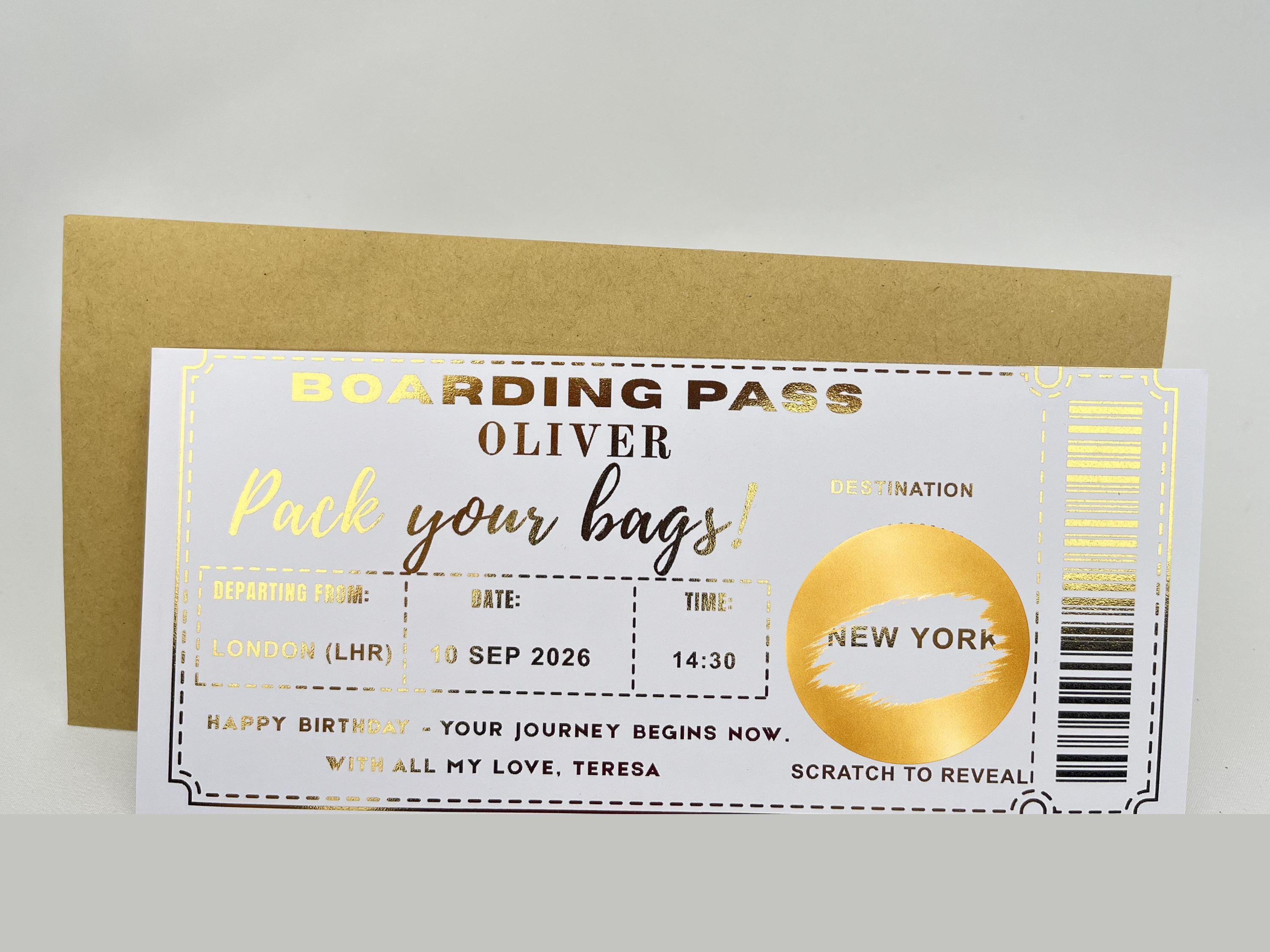 Personalised Holiday Reveal Boarding Pass – Gold Scratch Card Trip Announcement