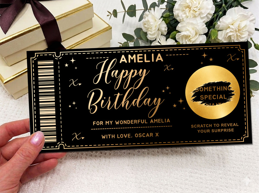 Personalised Happy Birthday Ticket Scratch Card – Gold Surprise Reveal for Any Gift